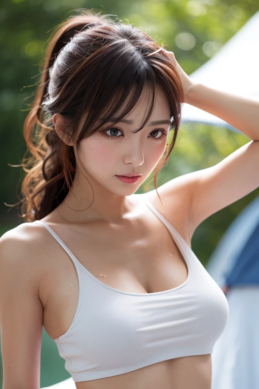 (((Heavy chest))),NSFW, 8k RAW photo, top-quality, masterpiece, 超A high resolution, film grains, ((Skimpy race queen costume)).filmg, 1girl in, looking at the viewers, Natural skin texture very heavy chest))),realistic eyes and face details, Full lips, Lipstick Makeup), Fluffy ponytail hair, hair messy, A smile, Beautiful legs, Tall lady, ((glowy skin)),((Armpit)), slim_Legs, report, huge-breasted, cleavage of the breast, buttock, The shirt, Beautiful natural places, Around the position of the flower, (细致背景,Skimpy white shirt, huge-breasted, cleavage of the breast, lowfers, blurry backround, Short sleeve JK neck ribbon)), (JK Ribbon), brown haired, A bracelet, Eau, bangss, jewely, cparted lips,, depth of fields、Armpit、Contains English logo、Beautiful hip line、