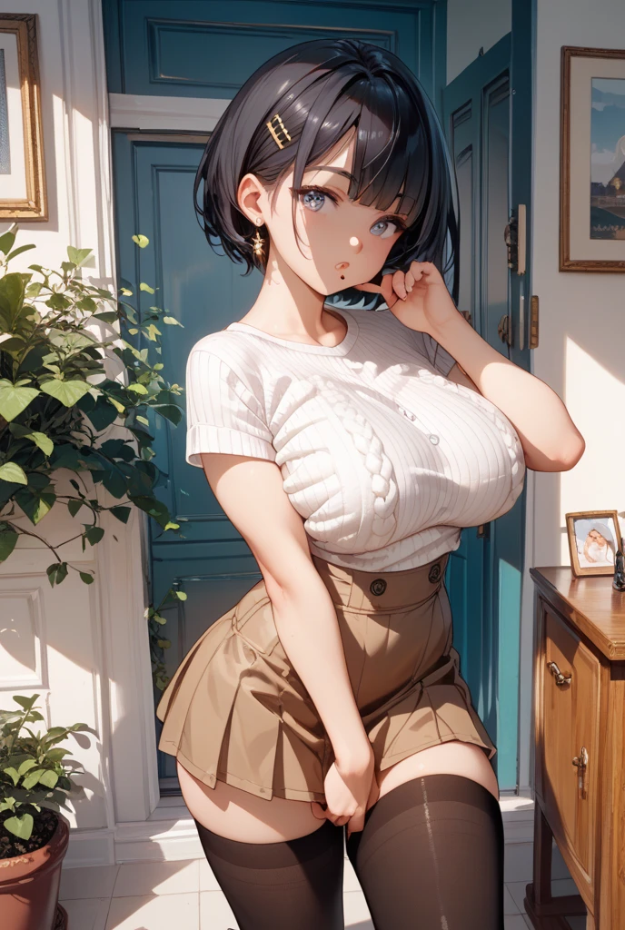 A girl, 15yo, cute smile girl, ((baggy T-shirt, oversized, T-shirt)), ((huge breasts)), black A-line pixie cut, in wooden floor school gym, half open mouth, (standing), ((barefoot)), view from front, barefoot