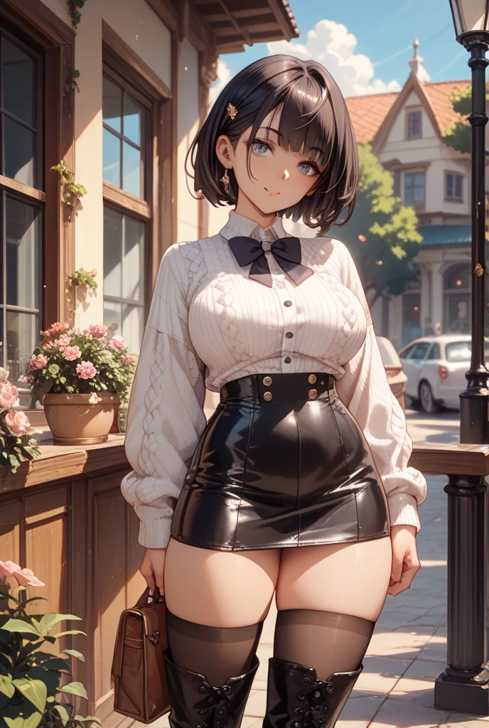 One Girl、Positive、From above、Full body portrait、Brown haired、Medium Haircut、blush、Absolute area、Knee socks、stockings、pantyhose、レースpantyhose、White underwear、Cleavage、Light blue cut shirt、Unbutton your shirt、Shirt buttons fly off、Navy blue checkered pleated skirt、Very short skirt、garden、Daytime、(Very big boobs)、((Full Body Lesbian))、masterpiece、(highest quality)、Panties around the ankles、loafers、The wind blows up my skirt