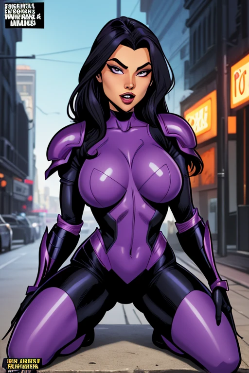 (Muscular:2.2), (thick thighs:2.1), (white latina female, green eyes, brown skin, jet black hair:1.5), adult, (long hair:1.6), glasses, (earrings, eyeshadow, lipstick), (upper body view, three quarter view:1.5), (flat chest), (choker, skintight purple bodysuit:2), (small cape:1.5), detailed eyes, (looking at viewer), (big smile:1.6), rim lighting from the front, two tone lighting, (dimly lit), clean skin, low key (DETAILED SKIN)