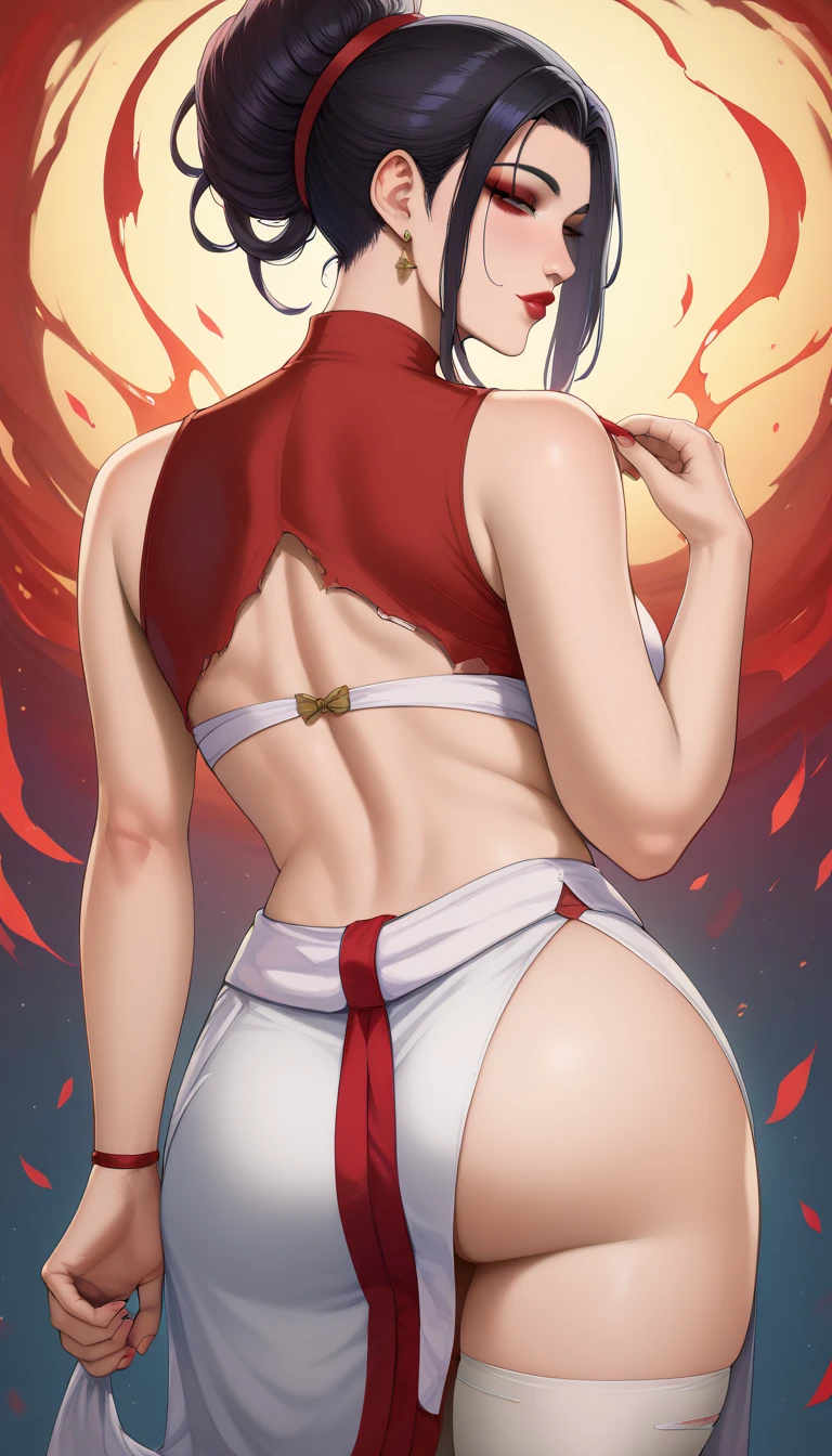  men and women ,expensive,170cm、  (Martial Arts), Mai Shiranui、smile、(Standing)、Long Hair、They hesitate、anger、,Sweaty body、Wet Hair,  Underarm, Big Breasts,Realistic nipples, Realistic butt crack, Very short hair , (expensive色彩彩度:1.0),  (Very detailed肌), (Highest quality:1.0), (Ultra-high resolution:1.0) ,(Realistic:1.0), (Very detailed:1.0), (8k, RAW Photos:1.1)、(Touching your own with your hands)、(A man is touching her breasts from behind)、Mid-chest、Spread your legs、ponytail、