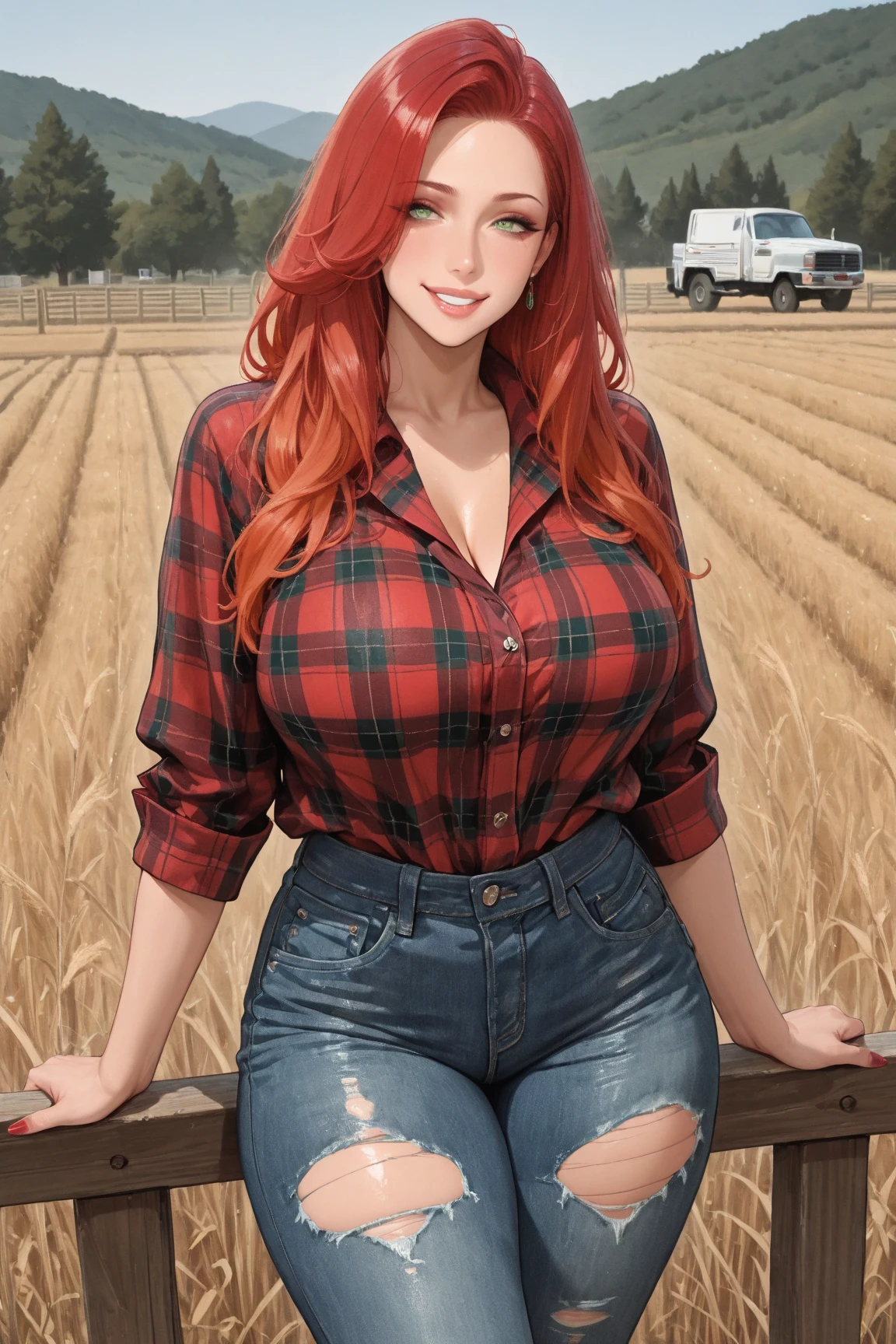 Bryce Dallas Howard, masterpiece quality, realistic, lots of detail, sunny day. at a farm, crops in background, barn in background, 1girk, solo, alone, (alone:1.5), long hair, wearing blue jean shorts, wearing red plaid shirt, (red plaid shirt:1.3), wearing choker collar, midriff, bare belly, lots of cleavage, big breasts, (big breasts:1.5), thin body, sexy pose,