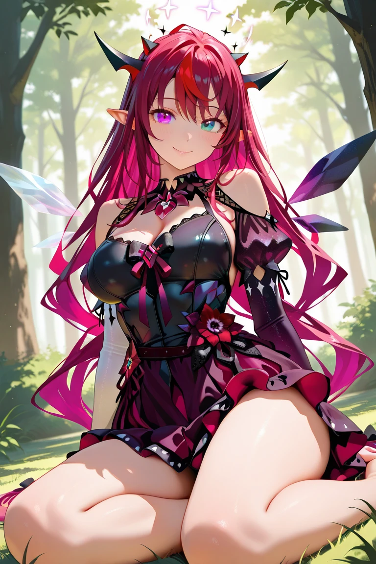 Magenta hair, older woman, cat ears, long hair, smiling face, sexy outfit, butterflies, floating hearts, tropical background, teal, pink, and gold dress clothes