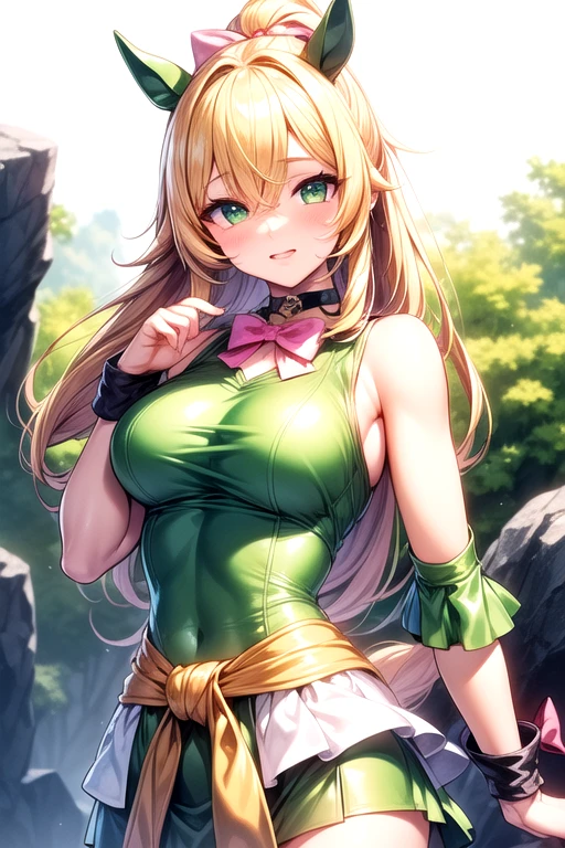 masterpiece,best quality,1girl,18yo,beautiful girl,BREAK,(緑の鎧:1.8),(underboob,voluptuous bust,thin waist:1.4),navel exposed,BREAK,(Beautiful blonde,braid,Green Eyes:1.5),(Embarrassed smile:1.3),(open mouth:1.3),