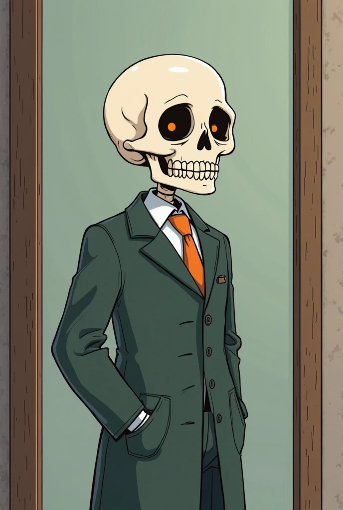 Skullhead in a trendy Armani designer suit meanly stares at the viewer, under some  trees