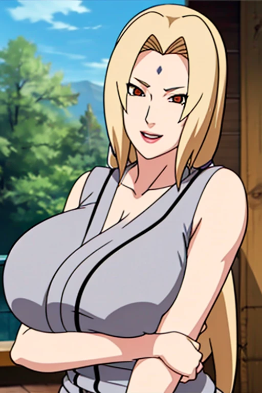 best quality, afterglow, 4k, ((masterpiece)), extremely detailed, 8k, trending on ArtStation, Intricate, High Detail, Sharp focus, detailed eyes, tsunakimo <lora:tsunakimo:0.75>, 1girl, blonde hair, tsunade, solo, long hair, forehead mark, breasts, brown eyes, cleavage, japanese clothes, bare shoulders, thighs, grey kimono, sleeveless, standing, thick thighs, wide hips, curvy