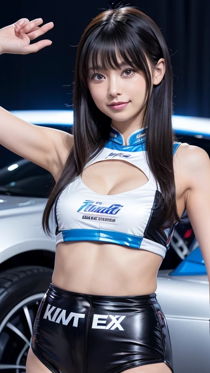 ((Back view))、((Big ass))、(Shiny Hair),(Glowing Skin),((Very white skin)),Korean Beauty、Jet Black Hair、Long Hair、Twin tail hairstyle、((huge breasts:1.3))、((She is wearing a race queen costume made of enamel material on her upper body.:1.5))、((Light blue and white clothes))、((Very small bikini-type shorts:1.5))、The navel is visible、((Close-fitting costumes:1.3))、Convention Hall、((motor Show))、Small waist、sexy、((Very revealing clothing:1.6))、Sports cars are displayed、Smiling with mouth closed、(naked:1.3)