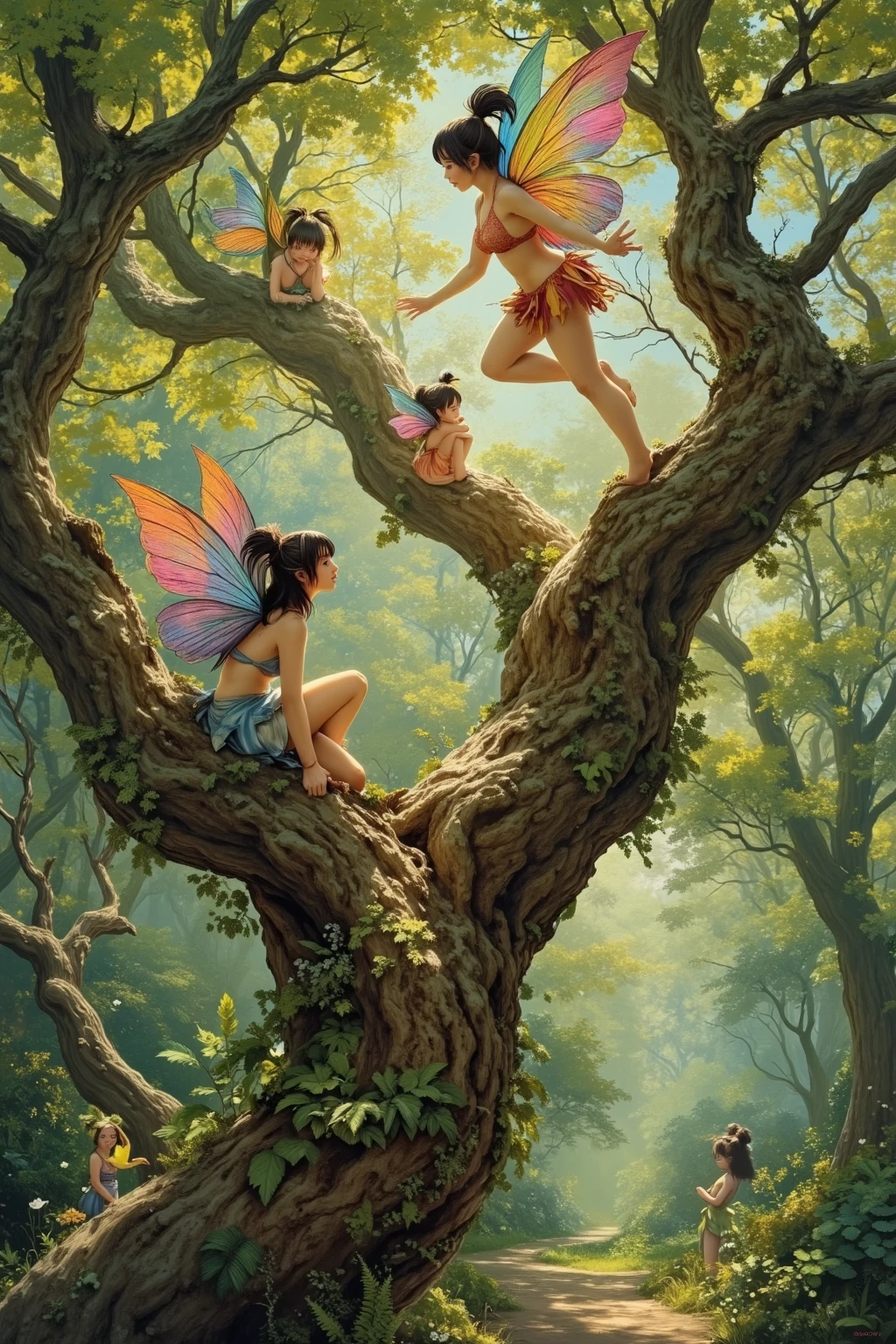 (several,sexy) fairies dancing,dressed in flowers and vines,a mushroom circle in an ancient forest,(best quality,4k,8k,highres,masterpiece:1.2),ultra-detailed,(realistic,photorealistic,photo-realistic:1.37),fantasy artwork,ethereal atmosphere,vibrant colors,soft lighting,wild flowers and plants,enchanted forest,fairy wings fluttering,curved tree trunks,sparkling sunlight through leaves,dancing gracefully among mushrooms,twinkling magical dust,pure and innocent faces,graceful movements and poses,mystical and captivating,harmonious and dreamlike,peaceful and serene,mythical creatures with delicate features,glowing and radiant,delicately painted flora and fauna.