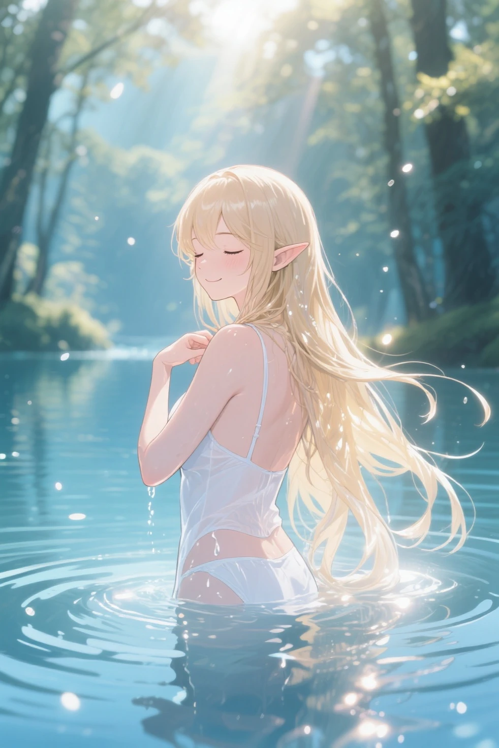 score_9, score_8_up, score_7_up, source_anime, best quality, masterpiece, official art, absurdres, highres, ultra-detailed,waifu2x,Collection: Slice of Life,break,1girl, elf, short hair, slender, androgynous, expressionless, small breasts, beautiful detailed eyes, nude, wet, open mouth, sleepily, outdoors, water,water drop, forest, spring,break,(clear line illustration:1.2), super detailed skin,very high resolution, very aesthetic, Best sexual lighting powered by famous artist, 8k,cute picture,beauty illustration,photoshop_(medium),,(Detailed Lighting),best anime 8k konachan wallpaper, pixiv contest winner,