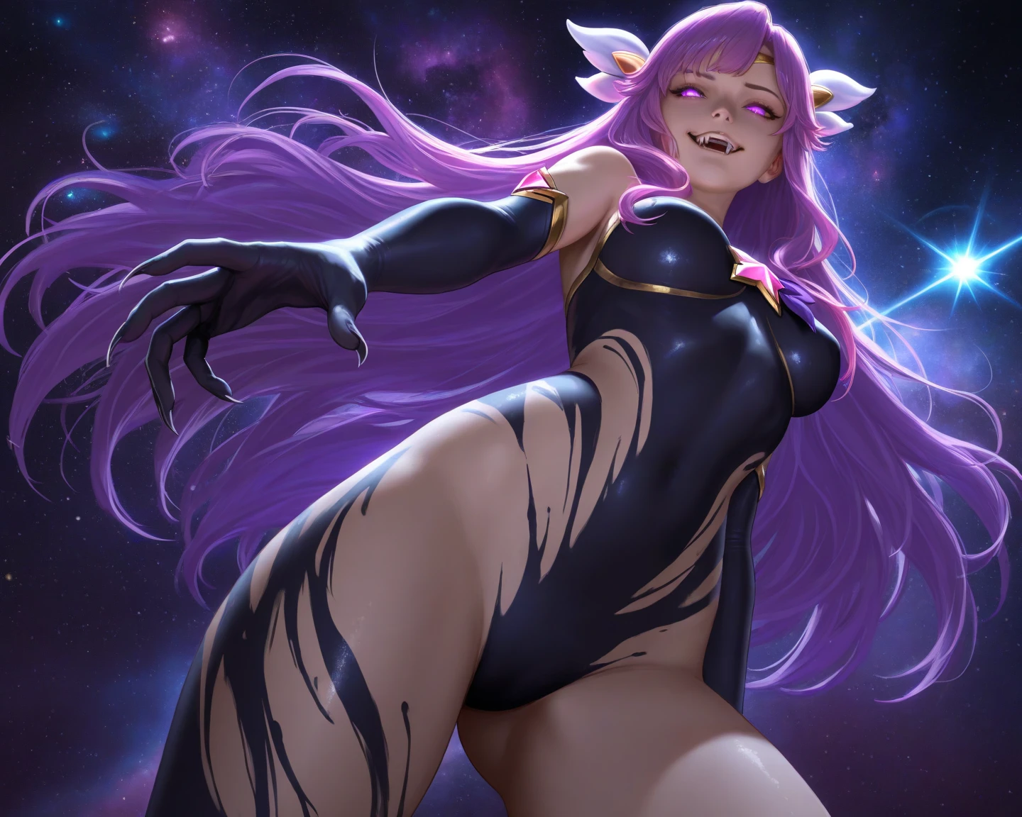 Extra long purple hair，Purple Eyes，A very good figure of an adult woman with bare breasts，Wearing black and purple tights，A purple scarf on the wrist，And holding a purple fire lotus in his left hand，First person open hands action，Six purple-white tentacles extend from the back，And behind it there are circles of three fists of purple and white halos，The background is purple, the universe and the starry sky