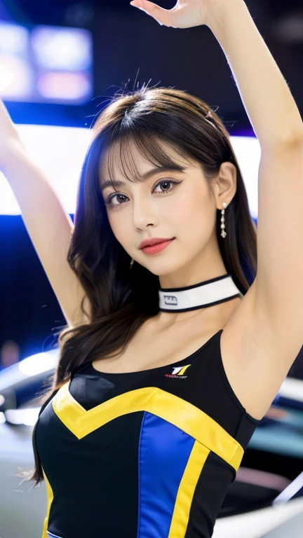 Tzuyu 1, woman, (Realistic), (Hyperrealism), (photoRealistic), Depth of written boundary, eye make up:0.7 (whole body:1.2), (Large Bust),(Tight waist), Watching the audience,In the pits at the racing track, Race Queen, Sexy dress with open shoulders and neckline