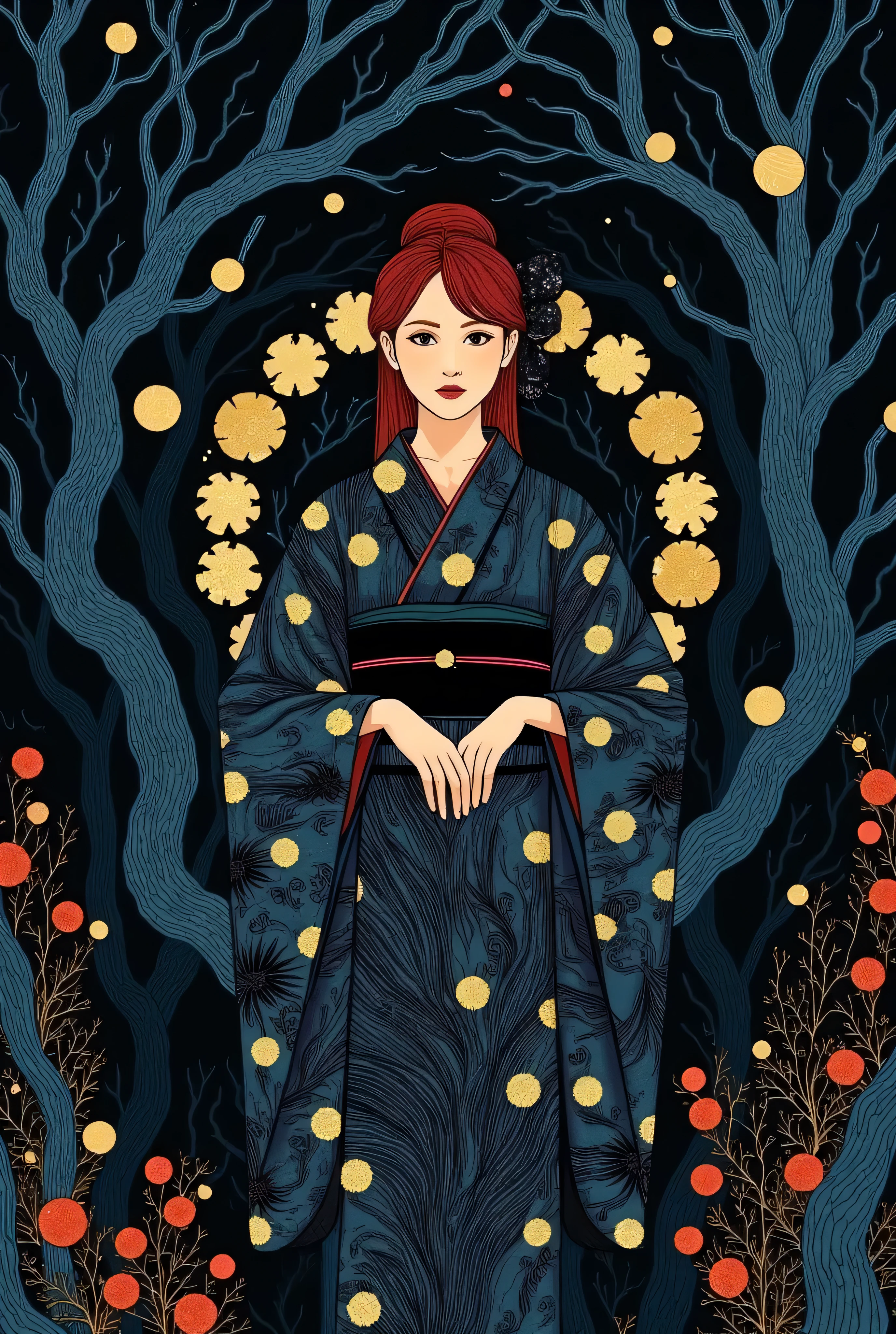 Woman in kimono standing in dark forest、golden eyes、red hair、encircling tree々Vines、Multiple symbols floating around、一貫して pattern化された作品、Projected Shadows、 minimalism、Brilliant Color Palette、deep blue and vermilion color scheme、Dark Fantasy Illustration、mute light、 Mysterious and Fantastic 、An atmosphere that makes you feel uneasy、surreal、illustration style、A beautiful digital fantasy、Best Quality、masterpiece