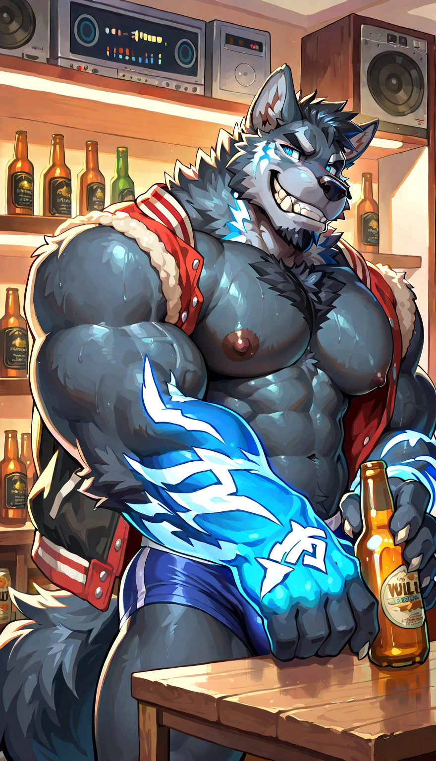 ((Ultra High Quality)), ((masterpiece)), ((Ultra detailed)), ((4k)).

, Anthro , Wolf , Handsome , Anthro Wolf  , Light Blue Wolf , Light Blue Fur , Black Short Hair , Black Beard ,tiger Stripe fur , Handsone , Good Looking , Green Eyes ,(Eyes Details), Middle Ages , Huge Pecs , Bodybuilder Fat , big belly , big Bulge  , Black Hoodies , Black jeans , black shirt , Sunglasses , Black Gloves , Anal , anal sex ,  messy cum , Duo , cum in ass , cum in mouth , huge Dildo in ass , cum all over body, blush , angry , Duo sex