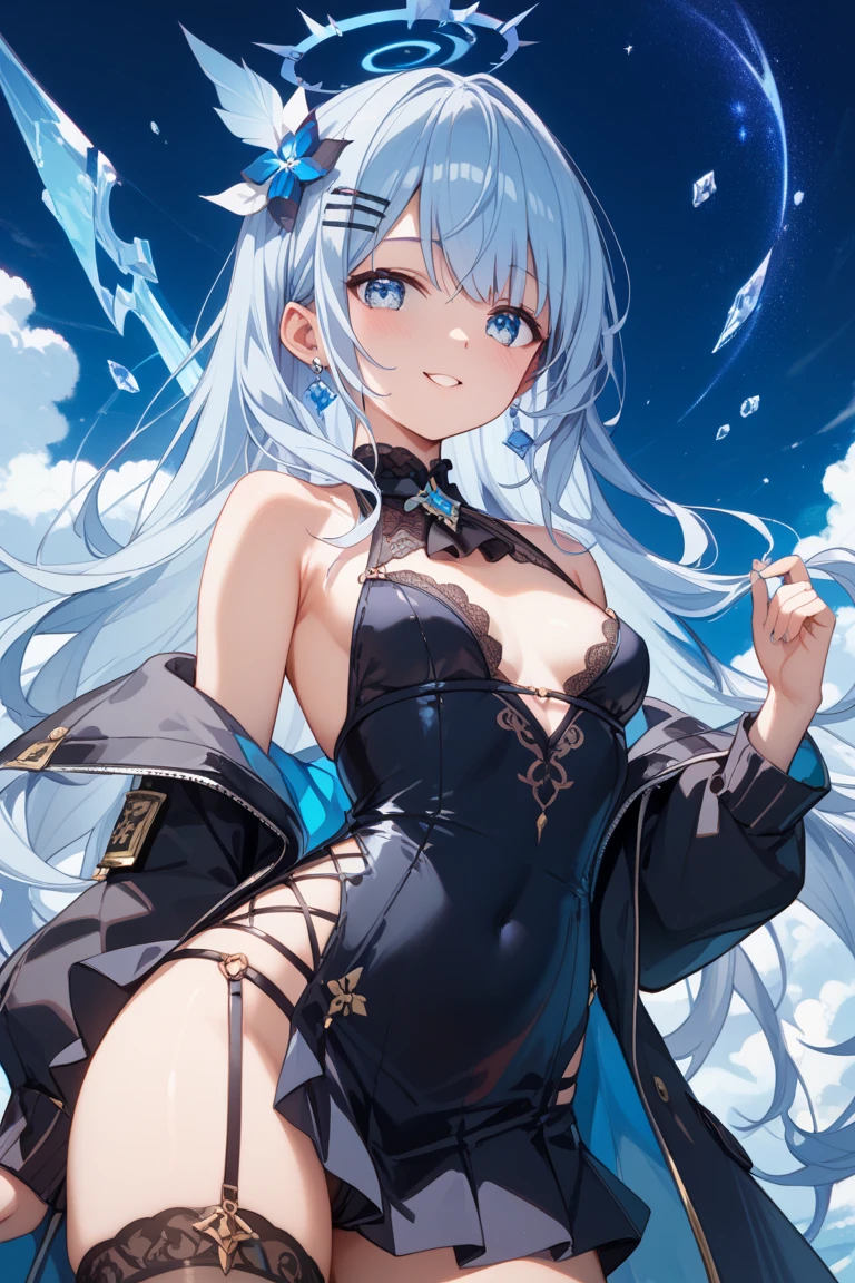 girl with white and light blue hair, diamond armor with white clothes , black gloves, clear blue eyes, white angel wings and a light blue halo showing her breasts