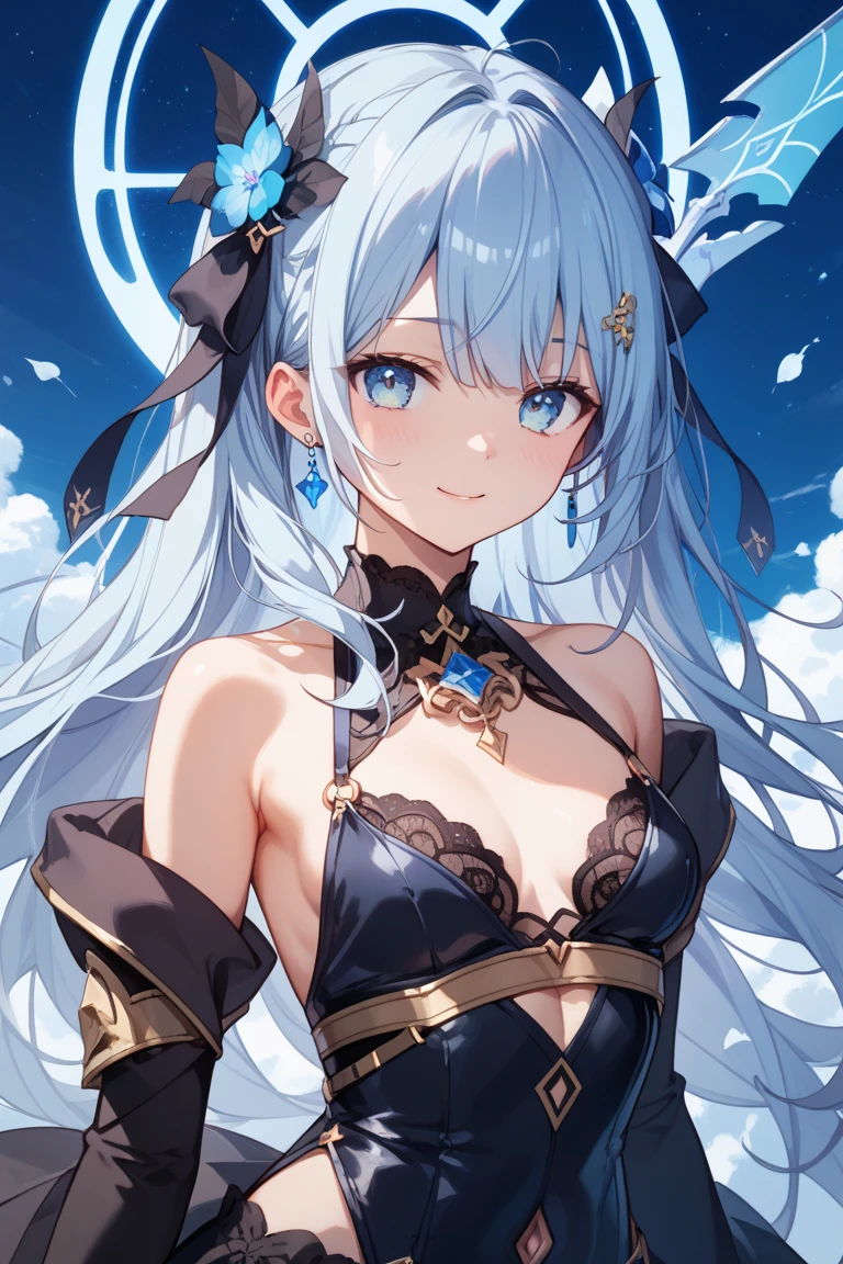 (masterpiece), highest quality, blue eyes, light gray hair,(long straight hair)、expressive eyes,mysterious sight , highlight, dramatic lights,、Outfit studded with blue jewel accessories、earrings、smiling expression、((small breasts))、Against the background of the big moon in the night sky、full body
