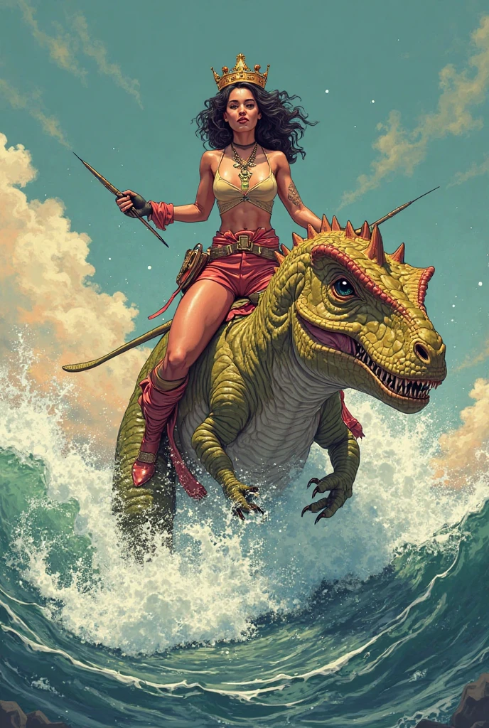Masterpiece, Professional, High Definition - quality, sharp focus, perfect artwork, Best Illustration, trending on artstation, UHD, 4k, full body, NSFW                                                                         
blond woman, tanned skin, hat, gigantic_breast, (red transparent slingshot), red lips, riding  a ferious dinosaur