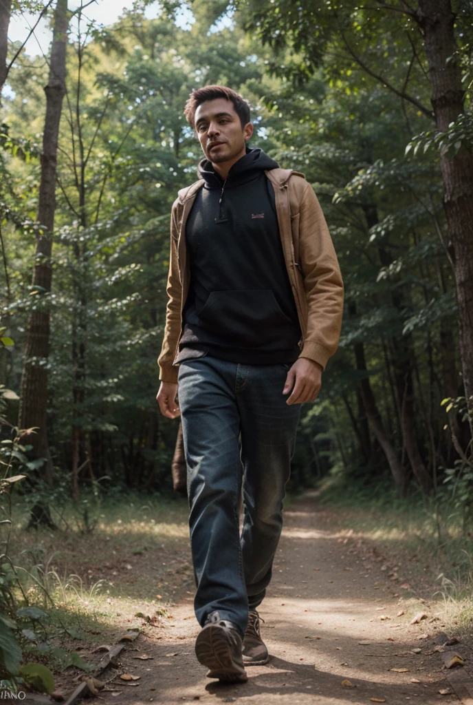 Realistic photo of solo handsome teenage men ,squatting , forest ,foggy daytime