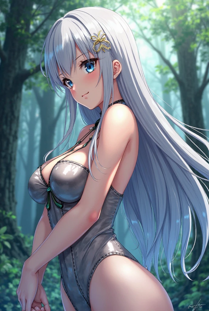 (Highest picture quality), (Master's work), (Detailed eye description), (8K wallpaper),(Detailed face description),
(imid shot:0.95), (full body:1.25),(solo:1.4),(1girl:1.2),cute and beautiful,((white hair)),bare back,miniskirt, backless dress,sideboob,nature