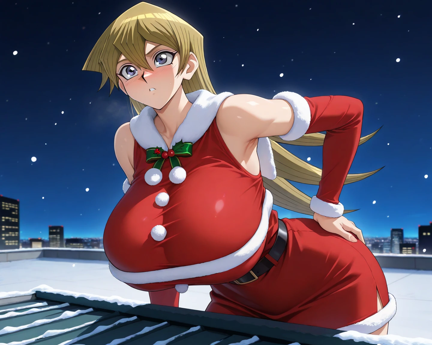 masterpiece, best quality, 1girl, solo, (Hosokawa Miki:1.4), green eyes,short hair, blonde hair, breasts, sexy smile, woman (wearing santa_outfit:1.3),christmas tree,wearing cap, Overhead camera, sharp focus, handsome,plump legs, skinny,professional lighting,,rendered eyes,tall body,adult woman,hair ornament,instagram most viewed,official wallpaper, official art,(kpop idol), half-closed eyes,building,((photorealistic painting art by midjourney and greg rutkowski))