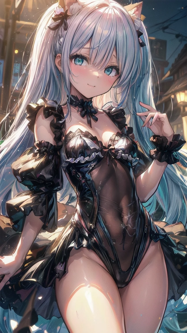 full body,(spread legs:1.5),(arms behind head:1.5),look at viewer,shiny skin,shiny pantyhose,beautiful face,Symmetrical face,natural face,highly detailed,official art, extremely detailed CG unity 8k wallpaper,best quality,((masterpiece)),absurdres,8k resolution,photorealistic,(Detailed eyes1.2),absurdres, incredibly absurdres, huge filesize,ultra-detailed, extremely detailed, beautiful detailed girl, extremely detailed eyes and face, beautiful detailed eyes, light on face,1girl,solo,kawaii,bare_shoulders,(chemise:1.2),microskirt,((black pantyhose)),(black legwear:1.2),heart in eye,long hair,(white hair:1.2),streaked hair,messy_hair,huge breasts,hair_bow,collar