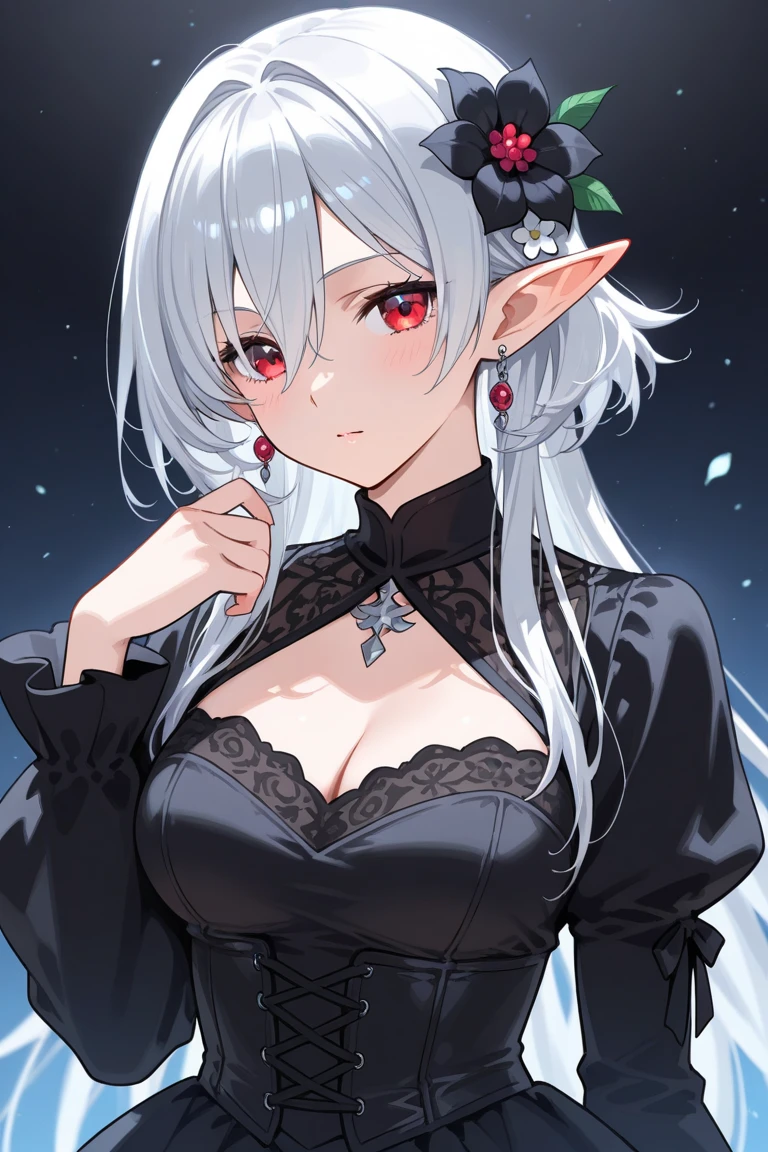 1girl, anime, cute girl, elf, blank background, white background, fantasy, detailed dark fantasy dress with highlights, beautiful face, beautiful eyes, dark colors, medium breasts, slight cleavage, beautiful skin, cute, silver hair, red eyes, breast curtains, extremely delicate and beautiful, (beautiful detailed face:1.0), (detailed deep eyes), symmetrical breasts, deep eyes, shiny skin, portrait, slender waist, hips wider than shoulders, thighs, young girl