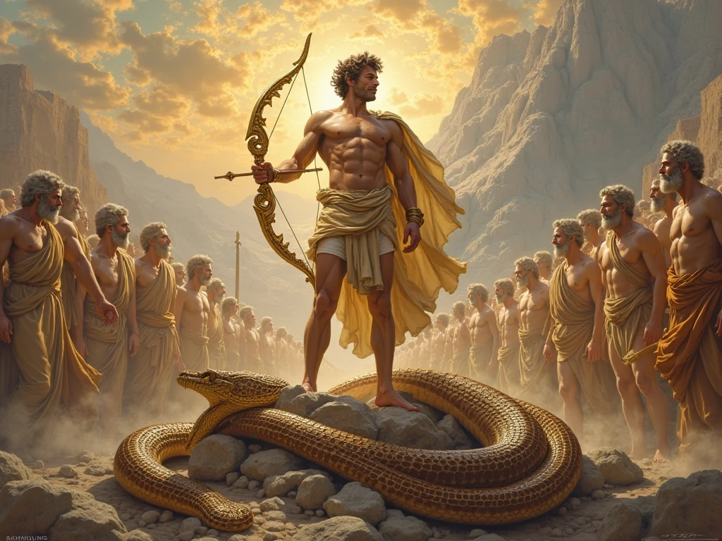 ((high qualiy)), ((fullHD)), ((4K)), ((High definition)), God Apollo next to a serpent.