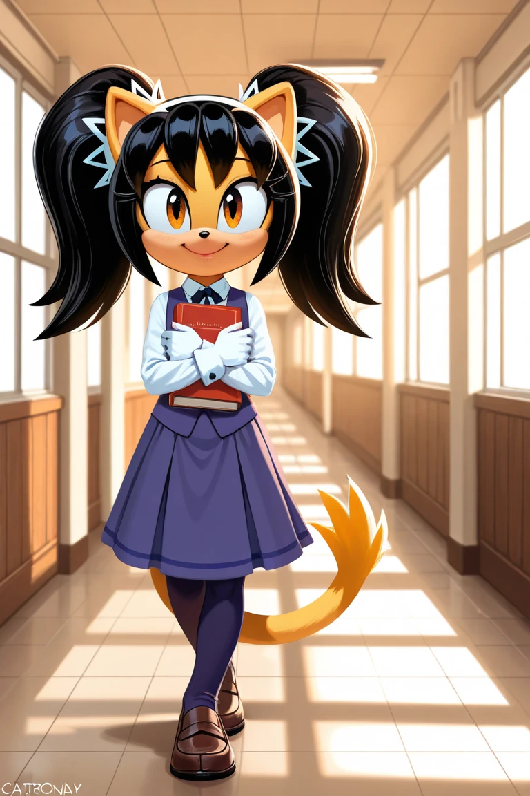 Female cat, brown fur, yellow eyes, black hair, long curly hair,  body, medium breasts, eyelashes, cute smile, school house, , classroom, daytime, mobian, mobius city