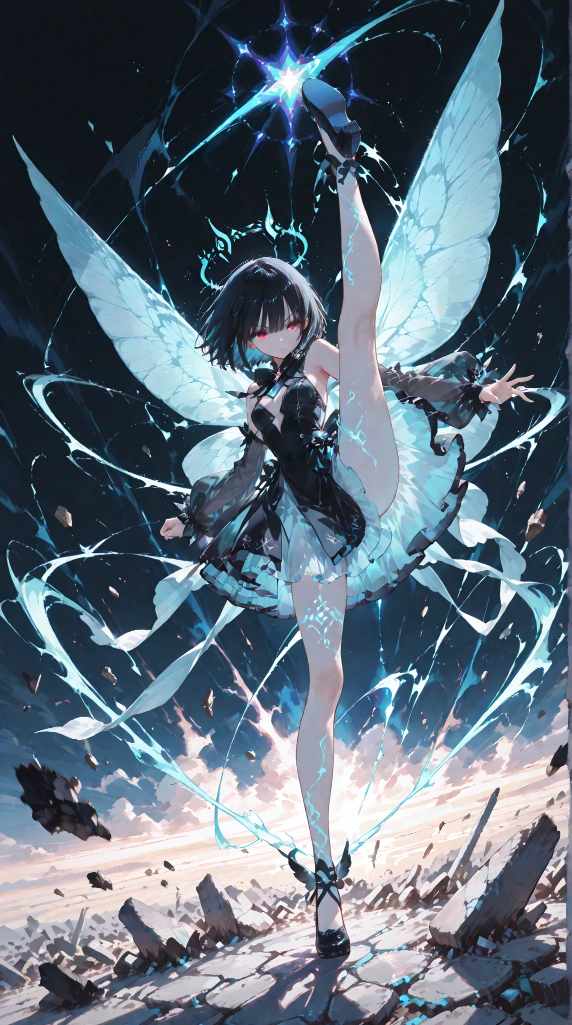 Anime girl, shy, gentle, cute and beautiful, pure black hair, short hair, cyan eyes, black short dress, thick thighs, white background, low breasts