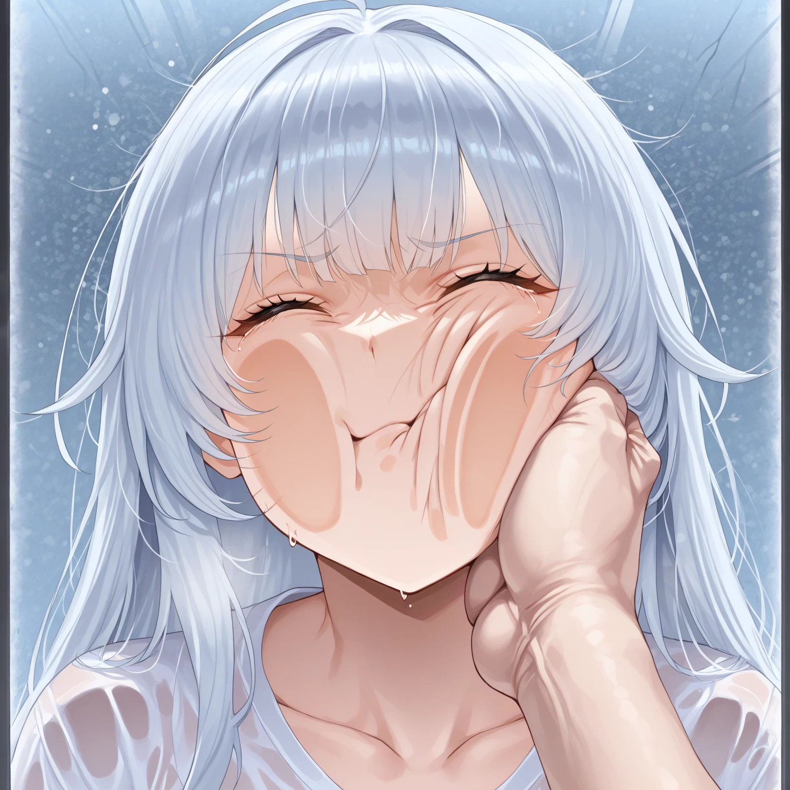 (best quality, masterpiece, ultra high-resolution, ultra-detailed: 1.2), close-up portrait, tween girl, expression of panic and fear,close eyes, wide-open mouth, tears streaming down her cheeks, ((big ice-creams dripping from both hands)), colorful background, vibrant ice cream hues, radial lines adding depth and texture, high contrast, capturing the raw emotion of the moment in stunning detail.