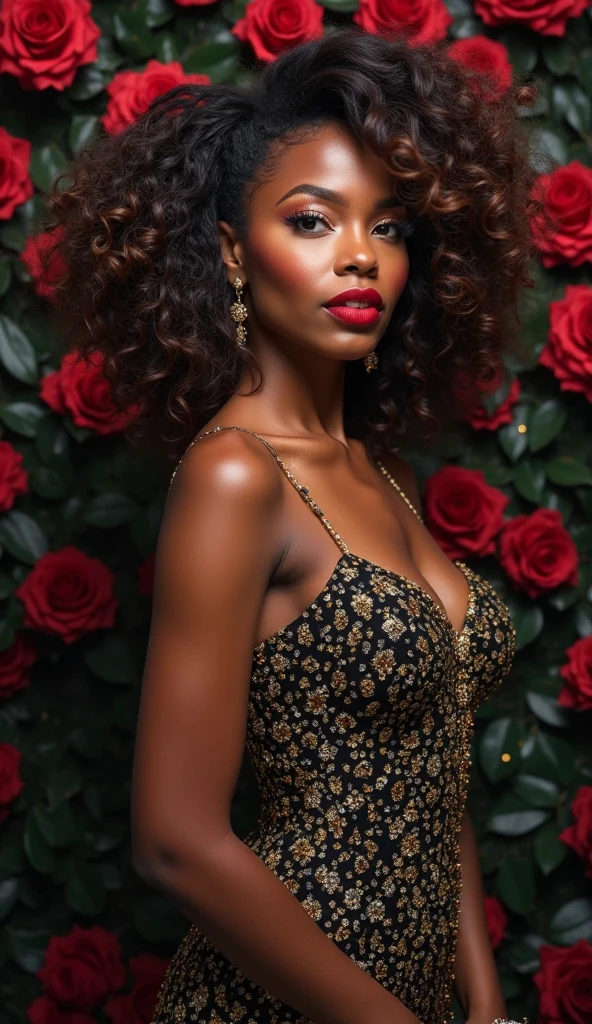 Black woman with afro hair holding a black rose