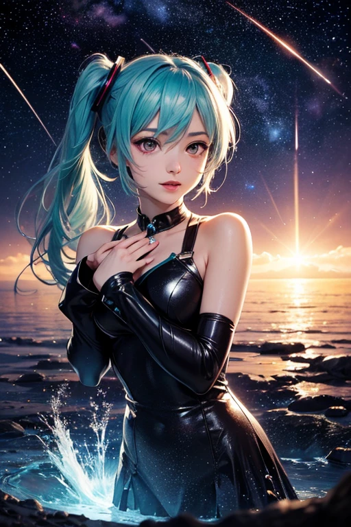 Melusine, 1 girl,Highest quality,((Highest quality)),((Tabletop)),((Perfect Face)),1 girl,smile,beauty,((Holographic)),Shooting stars flow,Fantastic,Cinematic,Like the cover of a movie
