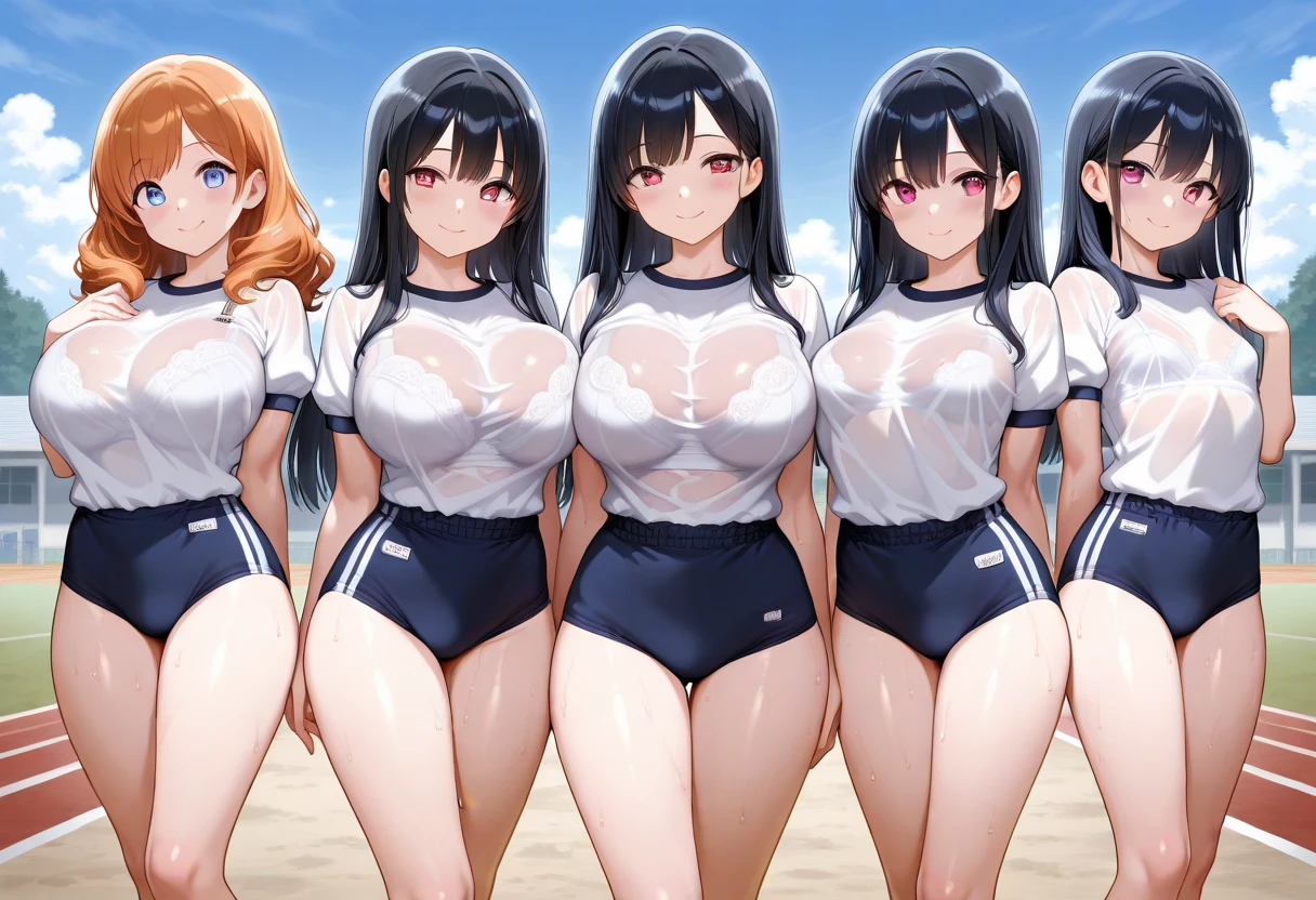 nsfw:1.5,Browsing Caution, Incredibly cute girl, rikujou, Multiple Girls、 Highest quality)), 15 years old, A big bust that seems to burst, Small breasts, Group photo, A radiant smile、show off nipple、(Huge Breasts:1.5)、((panty lift:1.5))