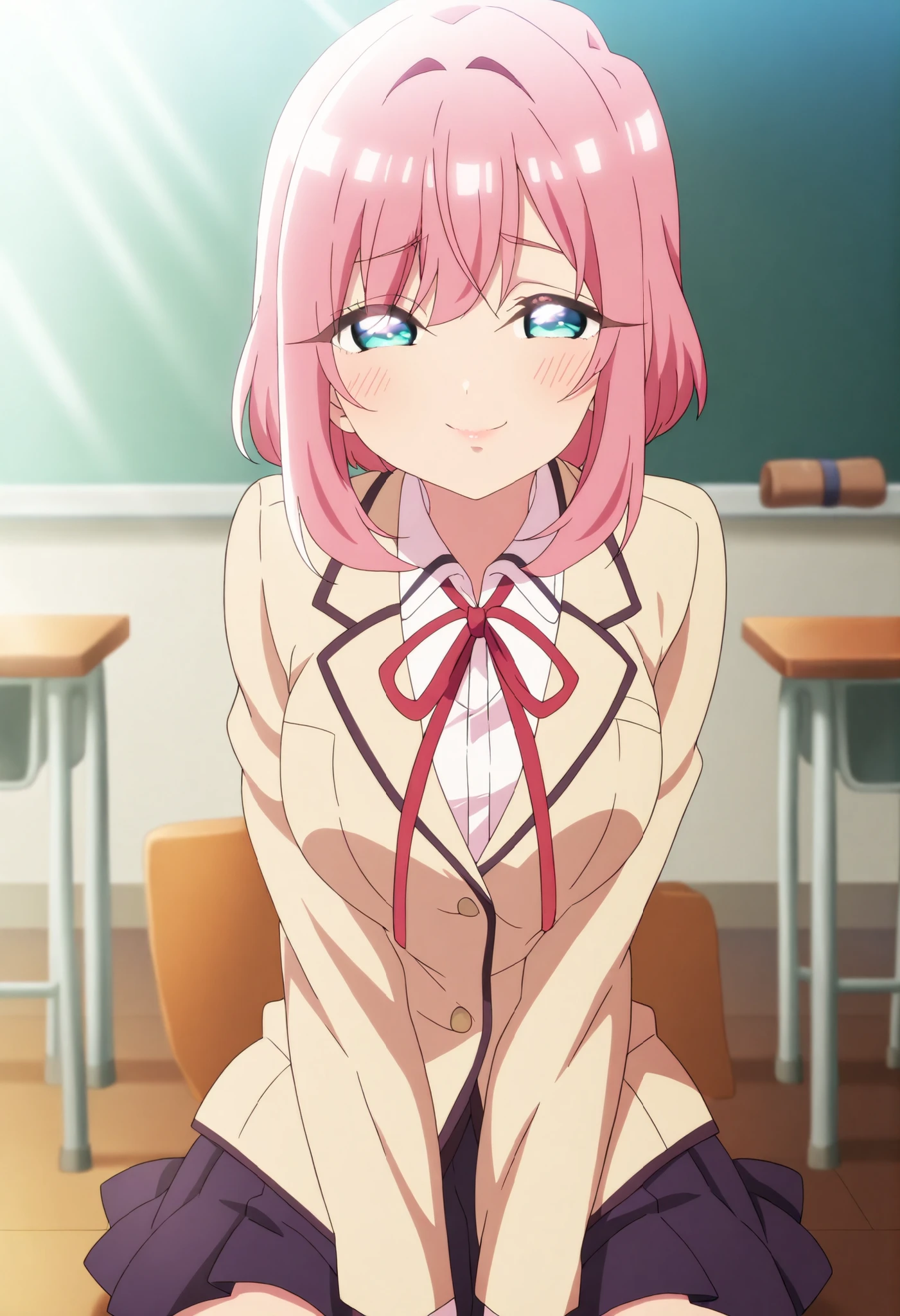 anime style, schoolgirl with short pink hair, soft smile, sitting in a classroom, warm sunlight, school uniform, mid shot, sweet expression, masterpiece, 2D clean anime style, sharp lines, vivid colors