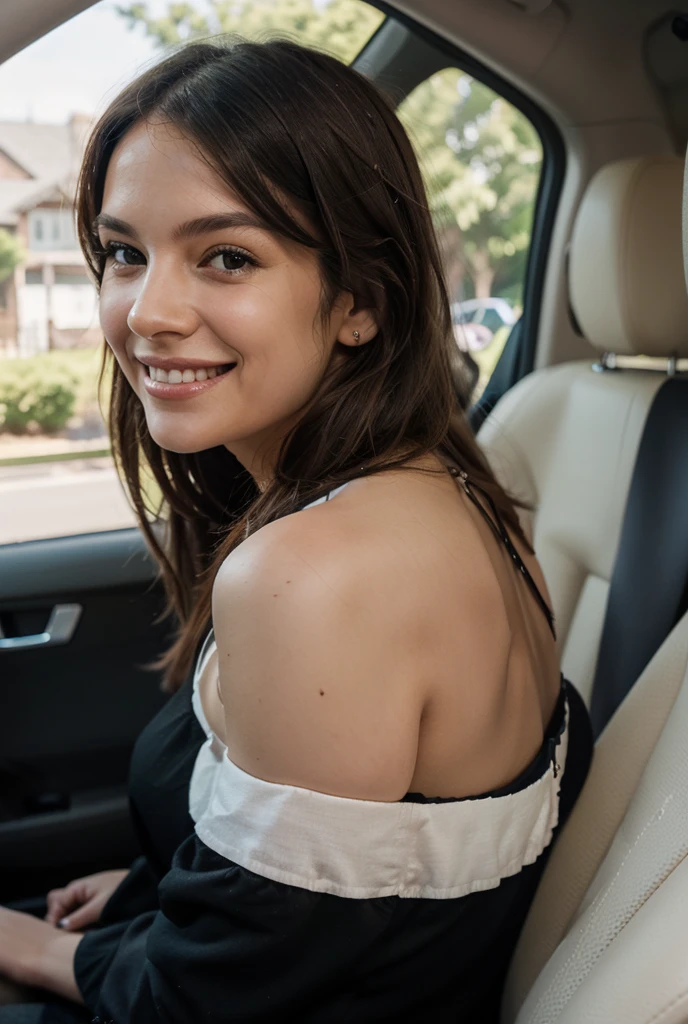 stunning young Colombian woman, in car, sitting, wearing white coat, beautiful face, masterpiece, best quality, ultra detailed, selfie, smiling, arms crossed, solo, shadows, contrast, cinematic light, side lighting, ultra high resolution, best shadow, RAW, 4k, 85mm, shallow field, Kodak Vision Color, extremely detailed, Cinemato grapher_\(ultra\), photorealistic, Realstic, Postproceso, Maximum details, view, real life, ultra realistic, for torrealism, Cinematographer, 8k UHD, Cinematographer