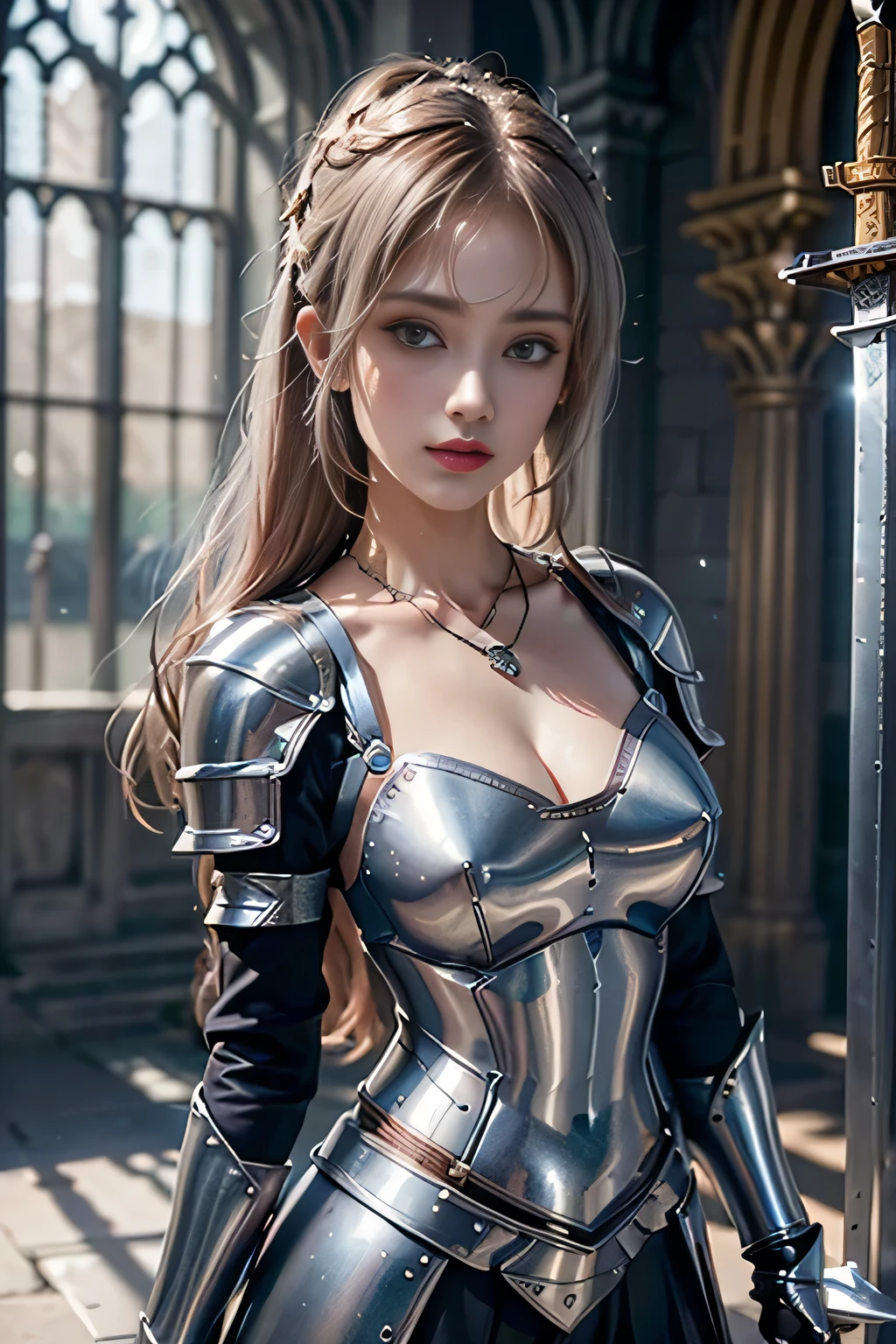 photorealistic, high resolution, soft lights, 1women, solo, hips up, blue eyes, full armor
