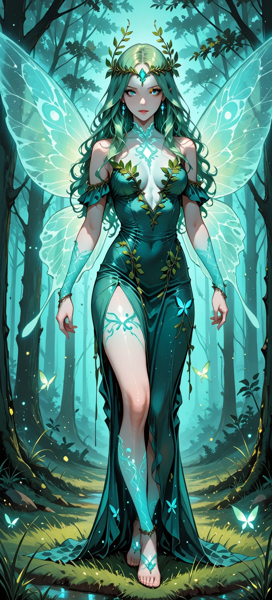 (best quality,ultra-detailed),mushroom forest queen goddess,ethereal,enchanted forest,beautiful detailed eyes,beautiful detailed lips,flowing gown,graceful pose,fairy wings,halo of light,magical crown,glowing mushrooms,whispering trees,mystical atmosphere,soft sunlight filtering through leaves,dreamlike colors,fantasy art,whimsical,mythical,otherworldly,lush vegetation,serene expression,alluring presence,harmony with nature,dancing with butterflies,luminous glow,transcendent beauty,majestic presence,enchanted beings,ethereal glow,tranquil aura,peaceful ambiance