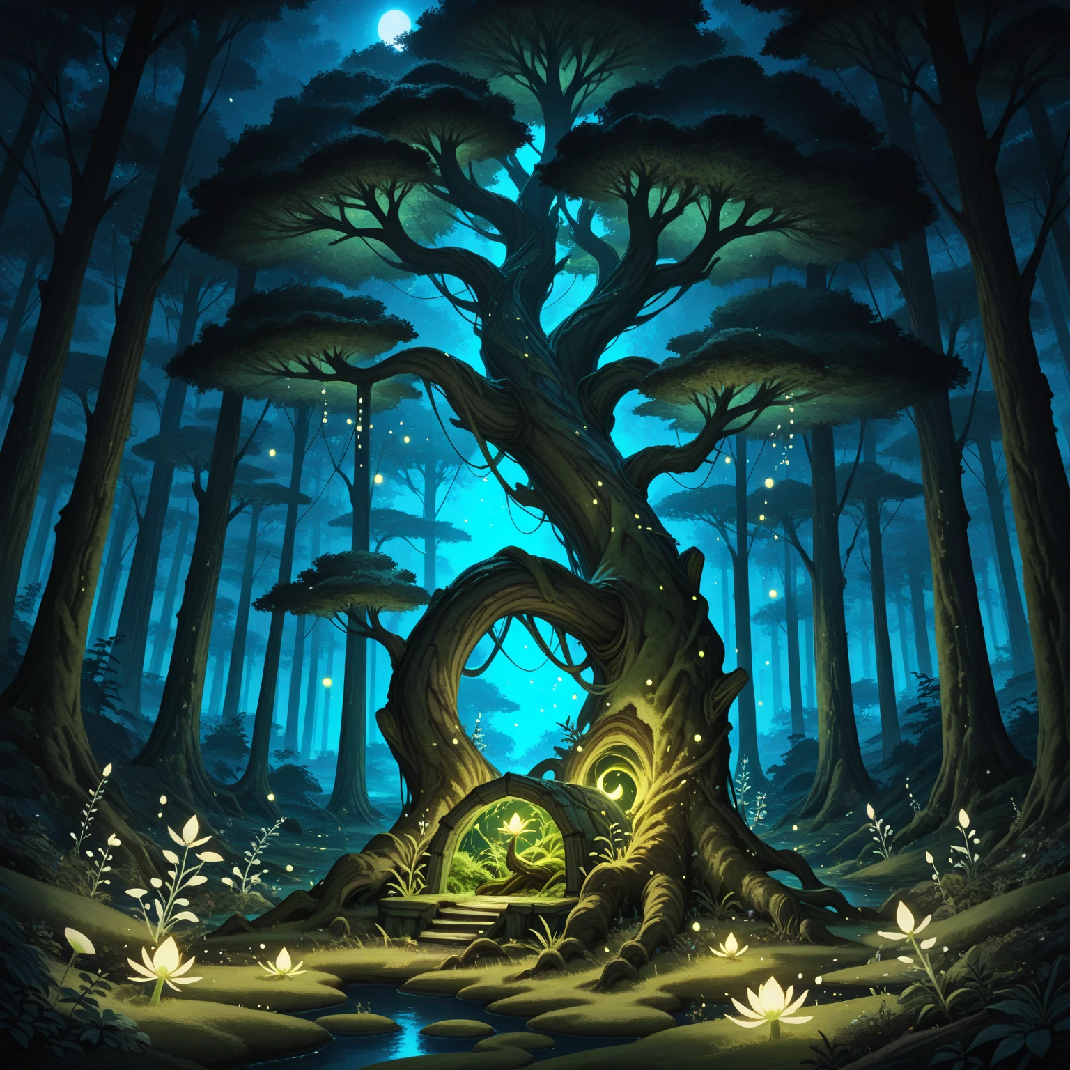 A mystical forest at night, a colossal ancient tree with a glowing ...