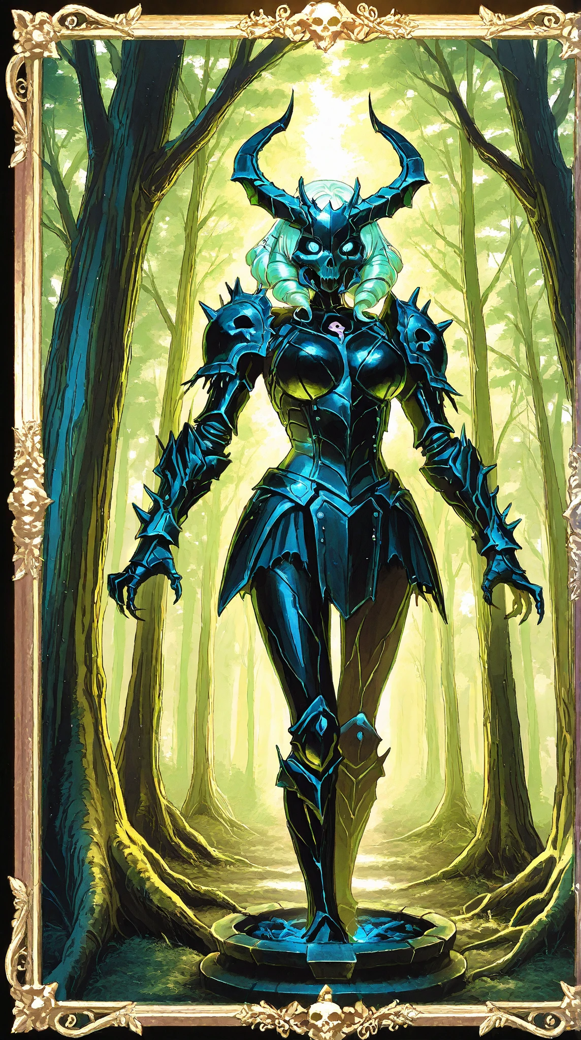 The woman in the mythical forest, masterpiece, Perfect face, Intricate details, Horror Themed Ghost_knight,Exposing huge breasts,Reveals huge cleavage,