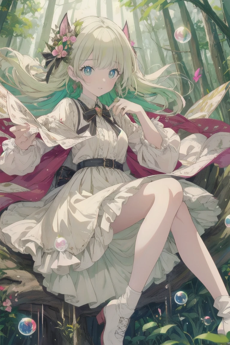 (Very Imaginative) , Extremely Distorted Soap Bubbles, Fairies, and Girls , fine , Very thin , are characterized by delicate, long-eared, gentle pastel blue eyes , (156cm:1.1) . BREAK (Thick toes and soles:0.9) , Rui々Soft, Beautiful Skin . BREAK (light green , White Beige , multicolor , Hair with gradient color ) , Fluffy Girly Cut , innocent bangs. BREAK (シルキーホワイトとlight greenの量産型ゆるふわ妖精ドレスコーディネート) , (clothes with ribbon leaves and flowers all over the body) . BREAK (Detailed Handkerchief Long Skirt) , Flower-shaped Silky White Socks , (Stylish Mouton Boots) , Fairy Earrings. BREAK (Natural Fairy Makeup:0.8) , (Mysterious Forest Background:1.3) , (Fairy Pose:1.2) , Making soap bubbles , (dynamic angle) . BREAK (God's miracle masterpiece:1.2 . BREAK Highest quality , High Quality:1.2 , Unity 8k) .