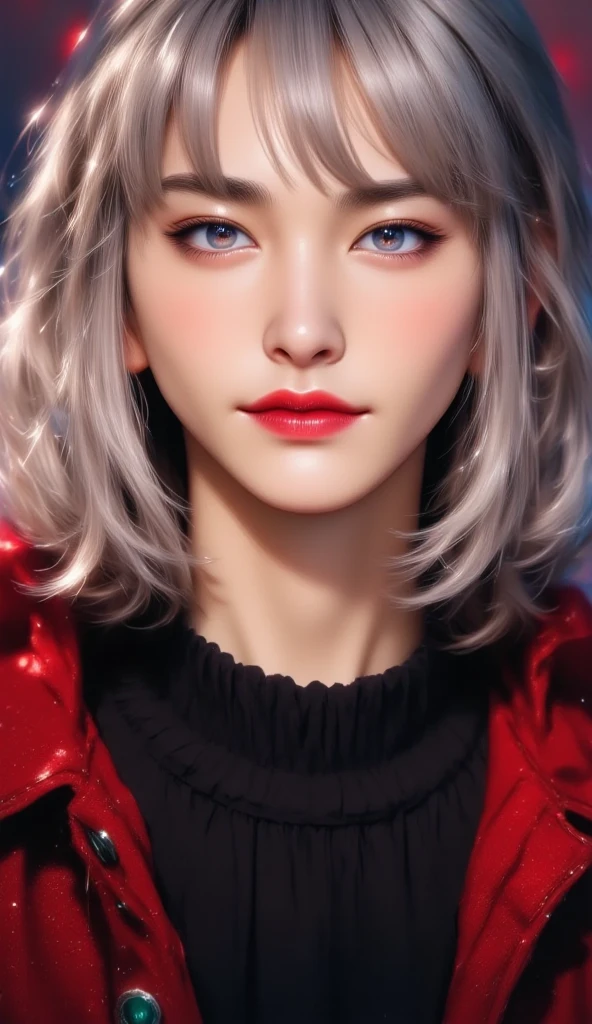 spider-woman, red suit, beautiful eyes, white hair, half body, masterpiece, ultra high details, Manhattan city