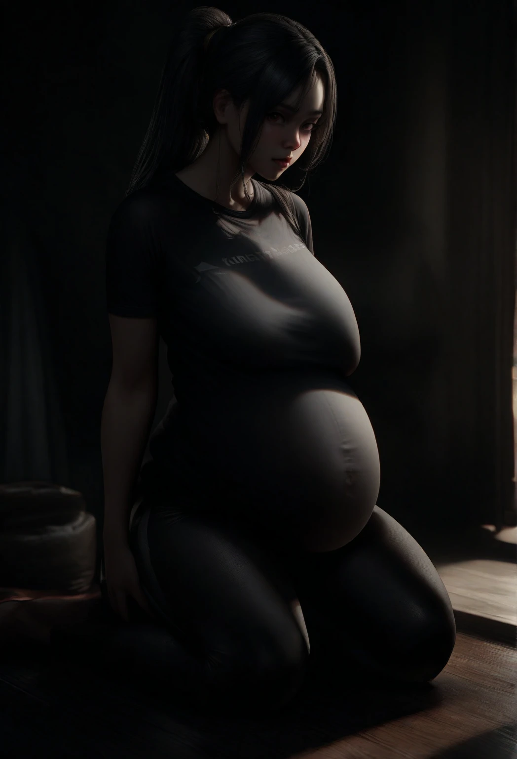 ultra-detailed; proportionally centered; centered full body portrait; beautiful and extremely pregnant 30-year-old pregnant green skinned orc mother with an enormously big, round and projecting pregnant belly, wearing extremely ragged grey clothes and dog collar on her neck; Scandinavian featured; anatomically perfect beautiful face; anatomically perfect eyes; anatomically perfect hand; anatomically perfect five finger; anatomically perfect limb; anatomically proportional beautiful face; anatomically proportional beautiful eyes; anatomically proportional beautiful nose; anatomically proportional beautiful mouth; anatomically symmetrical face; anatomically symmetrical body; anatomically symmetrical hand; anatomically accurate model; gender accurate model; hyper-realistic model; Prison accurate background; single main object; single focus; sharp focus; Sony A7R-V image grade; photo studio grade image; octane render;