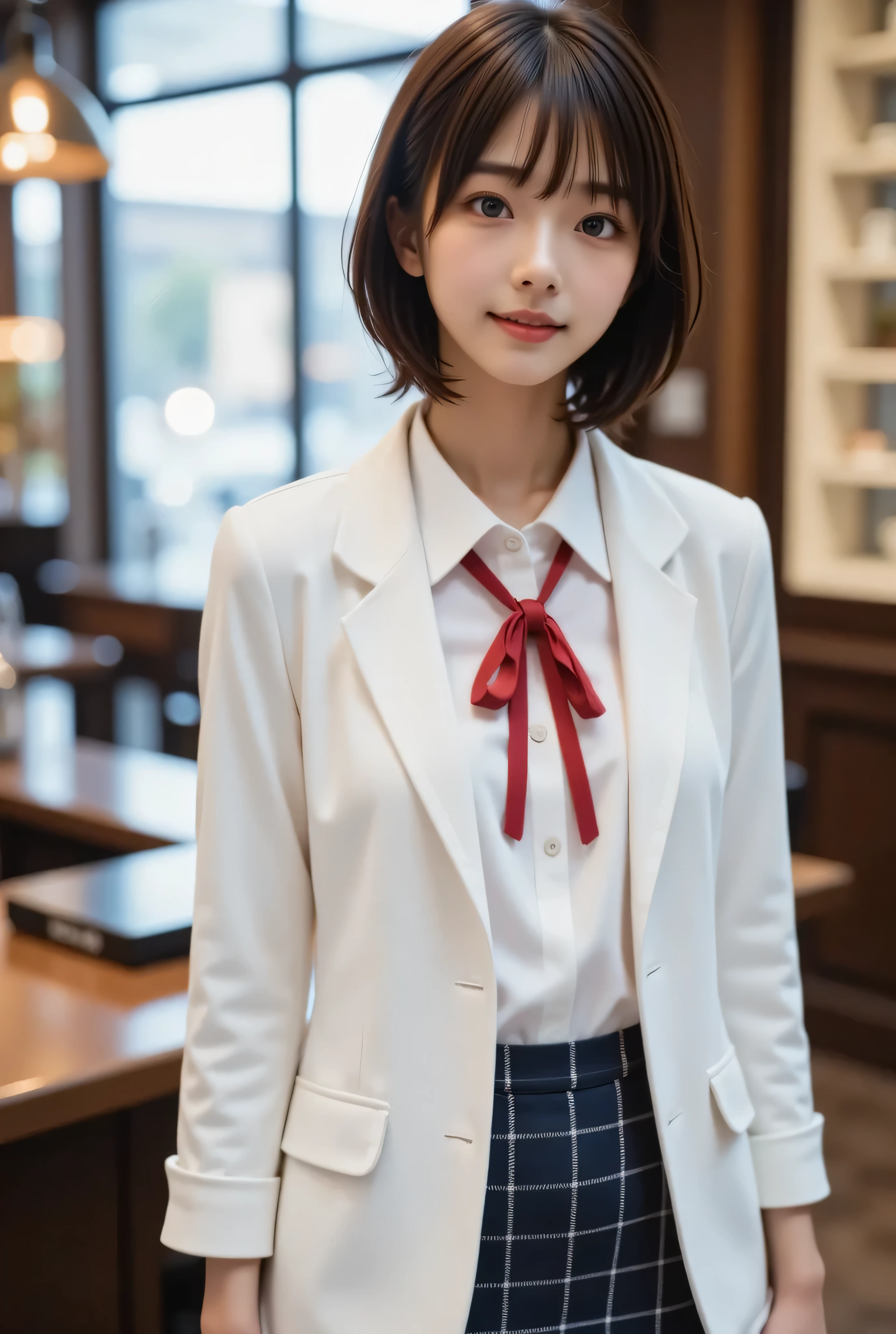 Photorealistic、Highest quality、Highest quality、masterpiece、Ultra-high resolution、Raw photo、Realistic、Bright lighting、Face Light、Smooth Professional Lighting、Looking at the camera、alone、Adult women、Beautiful woman、Super Beauty、Realistic肌、Moisturized Skin、Realistic eyes and faces、Perfect model body shape、Beautiful Eyes、Big eyes、Inconspicuous tear bags、slim、Big Breasts、No bra、No makeup、Very short hair、Black Hair、Black Eye、looks fun、The ears are hidden in the hair、Red jacket、White shirt、blazer、tie、