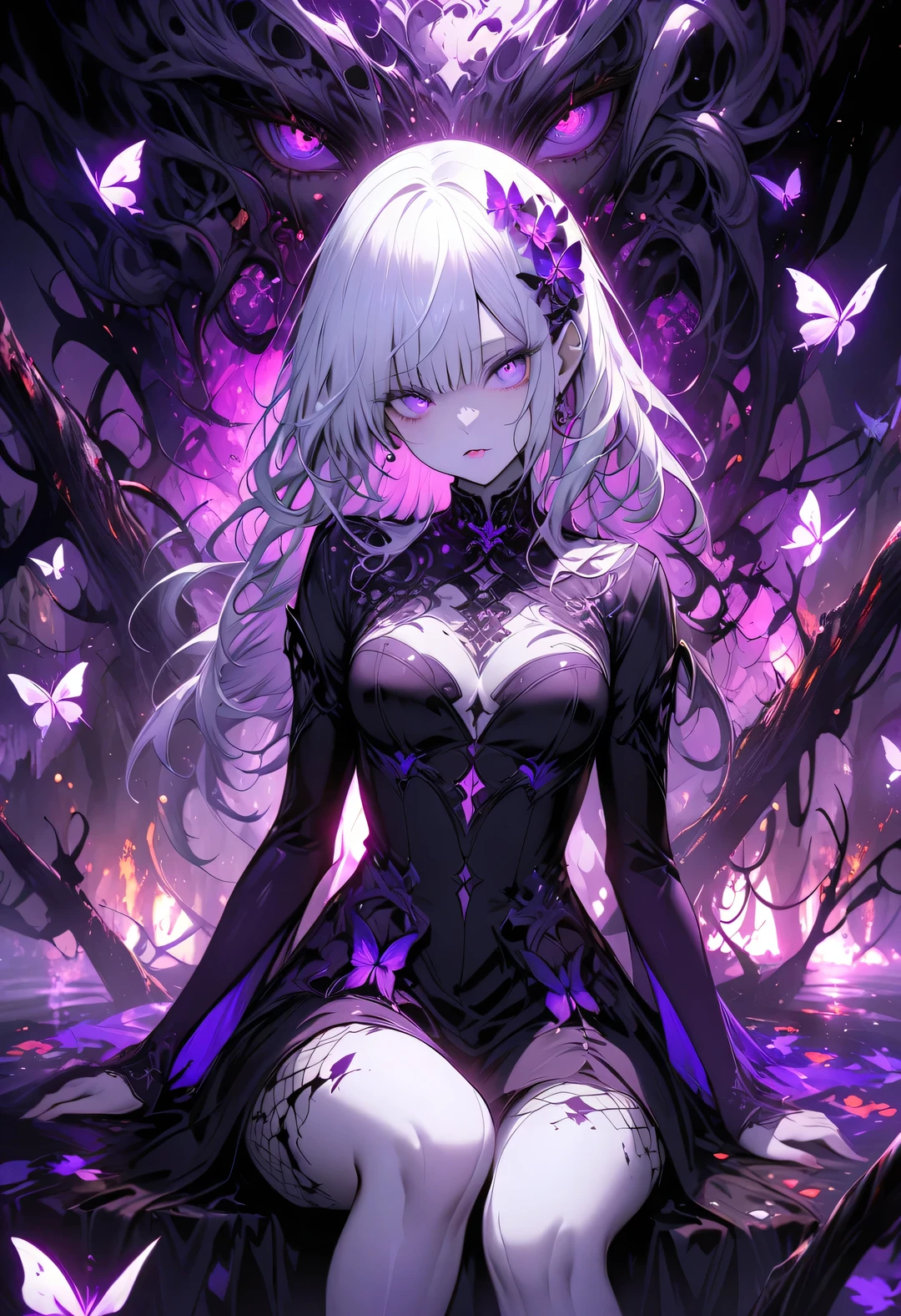 (Seductive nightmare)(Hyper realism)(Realistic fantasy)A moon elf greatly resembling Paris Hilton (age 25, psycho mouth full of jagged razor sharp teeth, long razor sharp finger nails, blue skin, violet eyes, silver hair, sheer spider silk lingerie(over exposed), silver body jewelry) is walking through a spider infested haunted woods, webs obscure the moon and carpet the ground. Immense webs and spiders in the tree tops.
