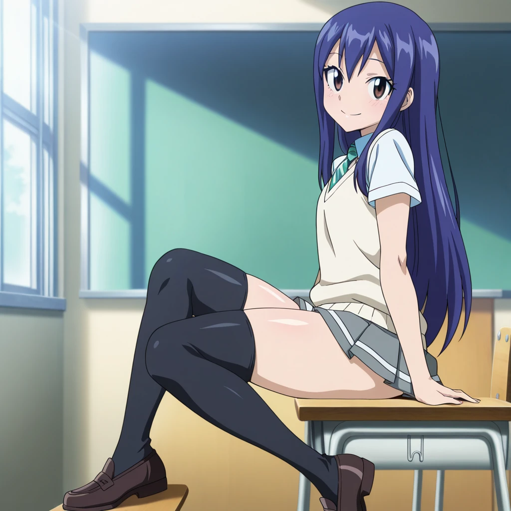 Best Quality, masutepiece, 超A high resolution, (Photorealistic: )2D official style cel animation　Pretty Cure Wind　Sit up　Unbutton your shirt　open one's legs　pencil skirt girl　‎Classroom　Light blue lace bra　Light blue lace panties　Longhaire　Straight hair　knee sox　lowfers