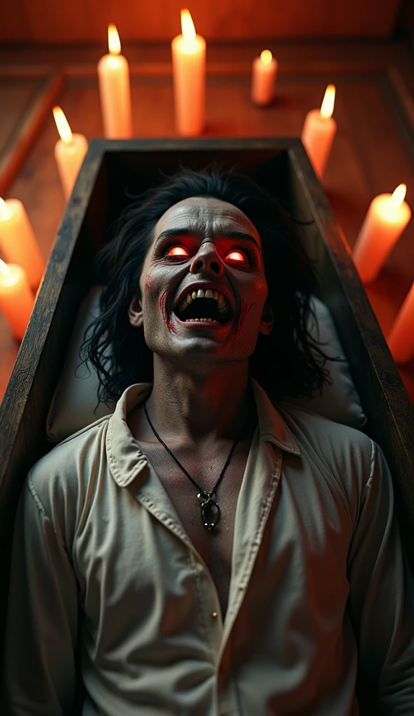 a zombie vampire with stakes in his chest, lying in a coffin, horror style, illustration, Bill Henson, super detailed, (best quality,4k,8k,highres,masterpiece:1.2),ultra-detailed,(realistic,photorealistic,photo-realistic:1.37),HDR,UHD,studio lighting,ultra-fine painting,sharp focus,physically-based rendering,extreme detail description,professional,vivid colors,bokeh