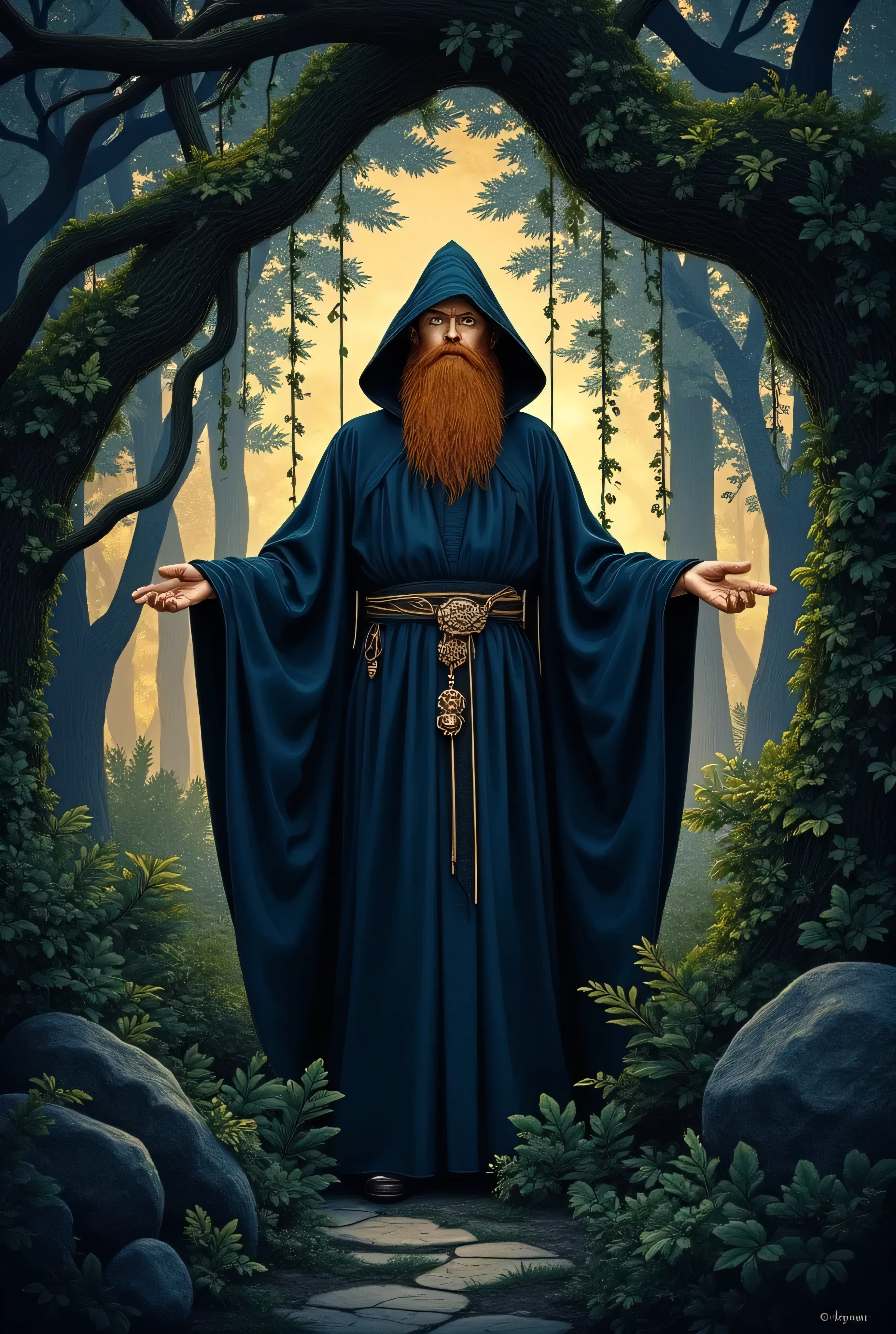 Elderly wizard in priest's robes standing in dark forest、English man, golden eyes、red hair、beard, encircling tree々Vines、貫して pattern化された作品、Projected Shadows、 minimalism、Brilliant Color Palette、deep blue and pale gold color scheme、Dark Fantasy Illustration、mute light、 Mysterious and Fantastic 、An atmosphere that makes you feel uneasy、surreal、illustration style、A beautiful digital fantasy、Best Quality、masterpiece、 pattern1、DR34
