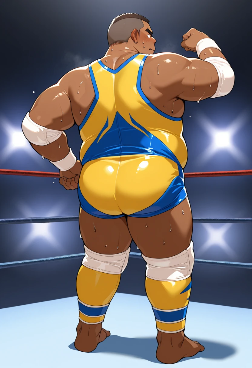 black hair, middle-aged man, individual, male, Muscular wrestler, muscular, Stout wrestler, Asian, Japanese, uncle, 55 year old middle-aged man, short hair, short hair, yellow wrestling boots, full body portrait, shadow, Vision, yellow briefs, obesity, 45 years old, short beard, middle-aged man, tattoo, fingerless gloves, Wheat skin, shiny skin, dark skin, Show your pectoral muscles, sumo wrestler, bodybuilder, wide temples, Visible abdominal muscles, Smile, Fine hands, solid color background, pure white background, Surrealism, Panorama, 8k, super detail,