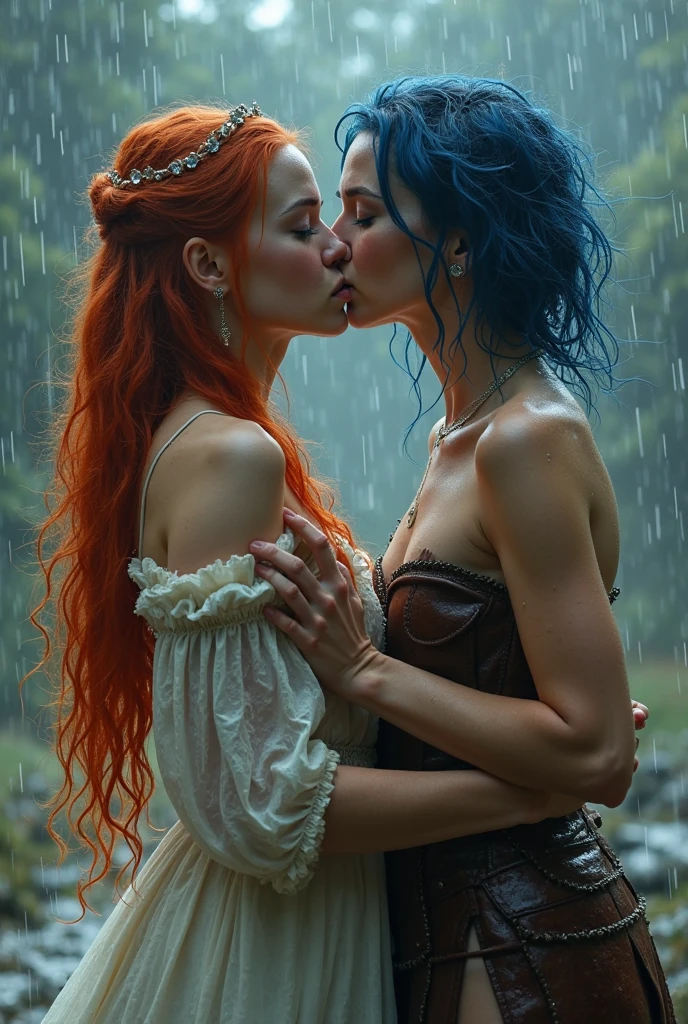 Hyperrealistic photography of two women kissing, in the pool filled with mud, thong, 30-year-old women smeared with mud, Lena Meyer Landrut, dance pose, light blue underbust corset smeared with mud, ruffles, black tulle skirt smeared with mud, light blue high heels sandals smeared with mud, black fishnet tights, the entire body, red curly hair and clothes are smeared with mud, high quality, realistic lighting, center of the image, hourglass proportions, 8k, HDR, BDSM, medium chest size, long legs, tinted, professional photography of a woman, natural skin texture smeared with a lot of mud, 4K textures, Adobe Lightroom, Photolab, HDR, intricate, elegant, very detailed, sharp focus, insane details, intricate details, hyper-detailed, bright cinema light, outdoor atmosphere, chin pulled up, (exposed belly: 1.8 ), (long-distance), dominant Facial expression