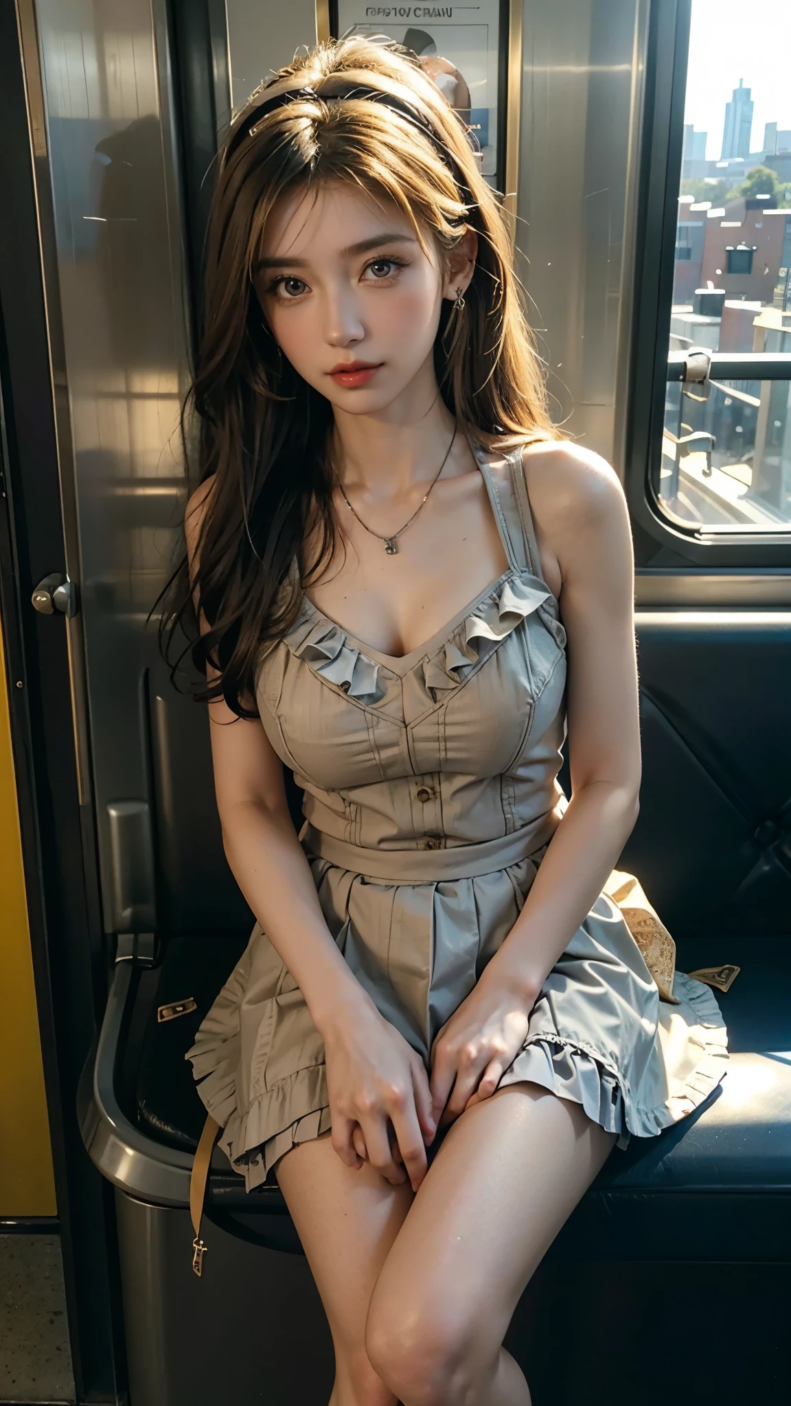 ((8K)、top-quality、​masterpiece、超A high resolution:1.2)Photo Beautiful Japan woman(pleasing:1.1) Elegance、There is a good、Transparent atmosphere、Beautiful face、Gradient lighting、1girl in、Delicate skin、Brown-eyed、(short hair with bangs:1.2)、the chest is very large、(medium areola:0.8)、(realisitic:1.4)、(top-quality:1.0)、(超A high resolution:1.0)、8K、Raw photography、(​masterpiece:0.2)、(pureerosface）、Polo Neck Bodycon Dress、Plaid、Polo shirt with collar、buttoning、a belt、Onepiece、Polo shirt style dresses、cleavage of the breast、Sleeveless、The shirt、Tight silhouette、want me、subway、In the train car、sit a chair、Ass big、Kinda chubby、chubby figure、Bangs shed to the side、organize your hairstyle well、Put your ears out、Sit up、open one's legs、Opening legs、I can see my panties、Futomo、Open both legs、sit a chair、Spread your legs and show your panties、I can see my panties、open one's legs、dozing、Are sleeping、Sleeping peacefully、fall asleep、Close your eyes、closing eye、Hands loosely stretched out、Lean your body on the right railing、sound sleep、neck tilts to the side、Mouth opens、Open your mouth、closing eye、Sexy lips、defenseless、（Overlooking angle、looking-down、looking-down、）、From  above、From directly above、