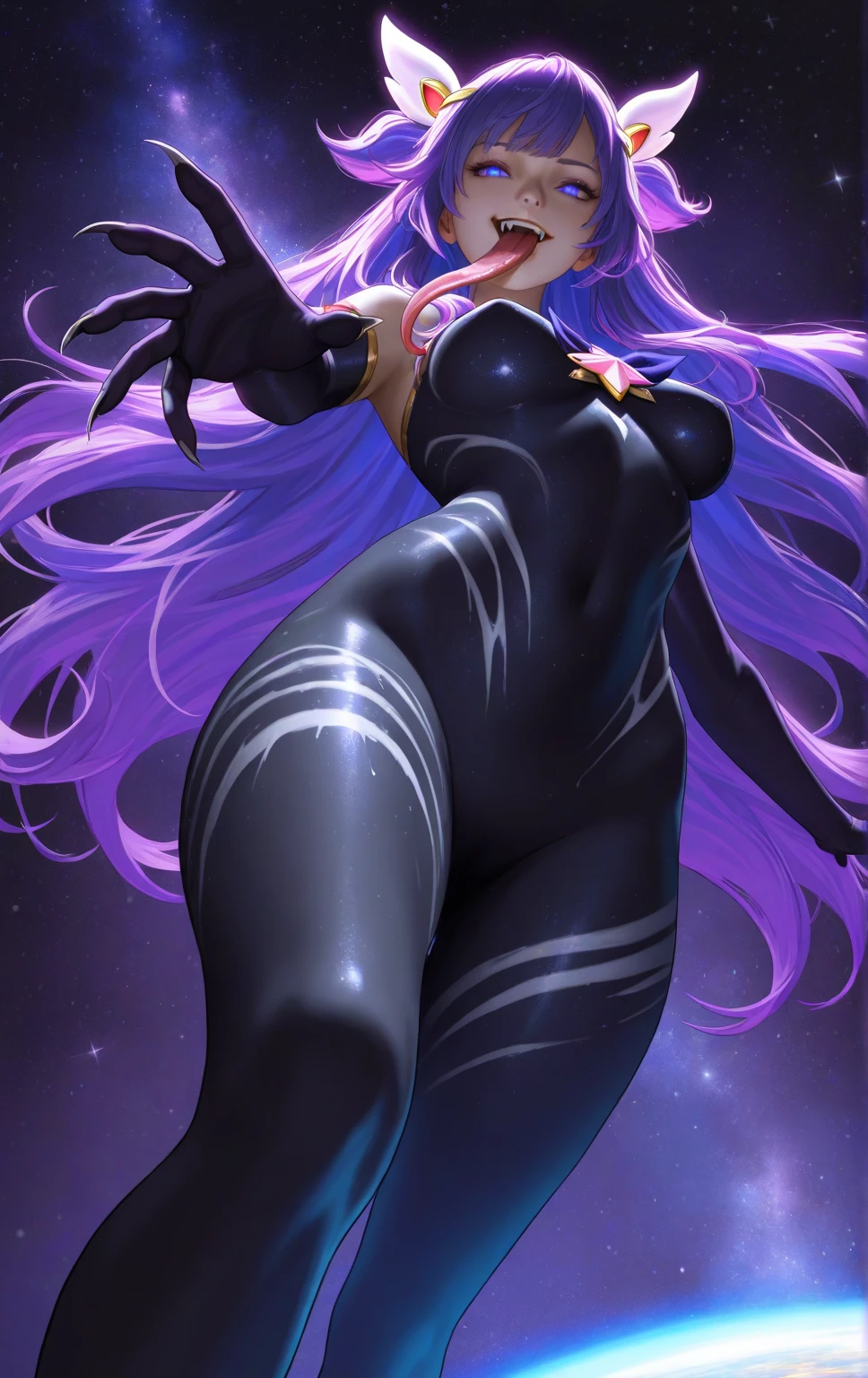 1girl, black hair, long hair, serious, salute, purple eyes, white bodysuit, bodysuit, large breasts, breasts, futuristic, tech, science-fiction, machinery, mature female, thick thighs, long sleeves, full body, ((full body)), standing, sneakers, hourglass figure